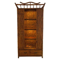 Antique 19th Century Victorian Bamboo and Seagrass Armoire with Open Shelves