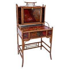 19th Century Victorian Bamboo Chinoiserie Lacquered Secretaire Desk