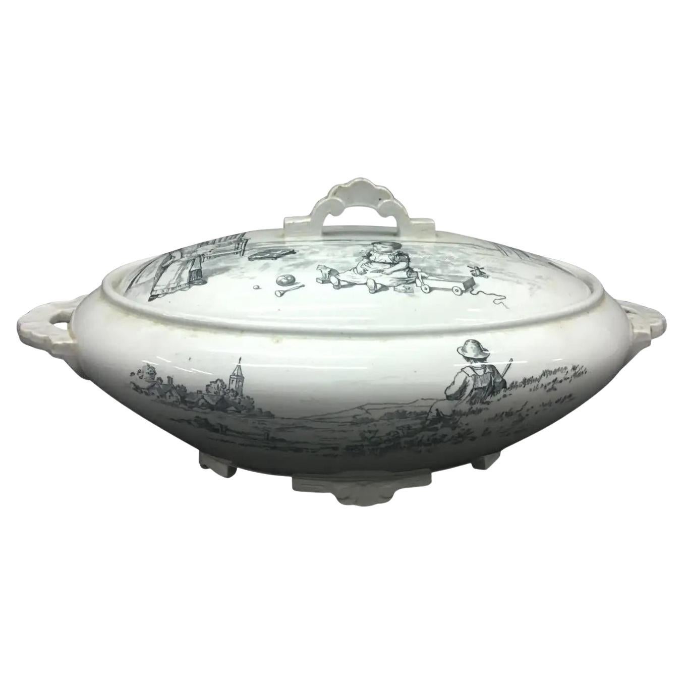 19th Century Victorian Black & White Ceramic British Soup Tureen For Sale