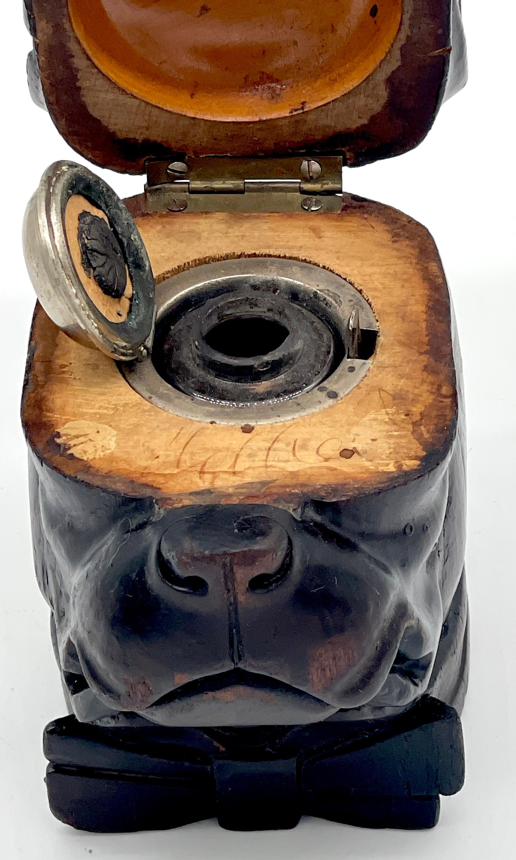  19th Century Victorian Blackened Lignum Vitae Bull/Pug Dog with Bow Tie Inkwell For Sale 1