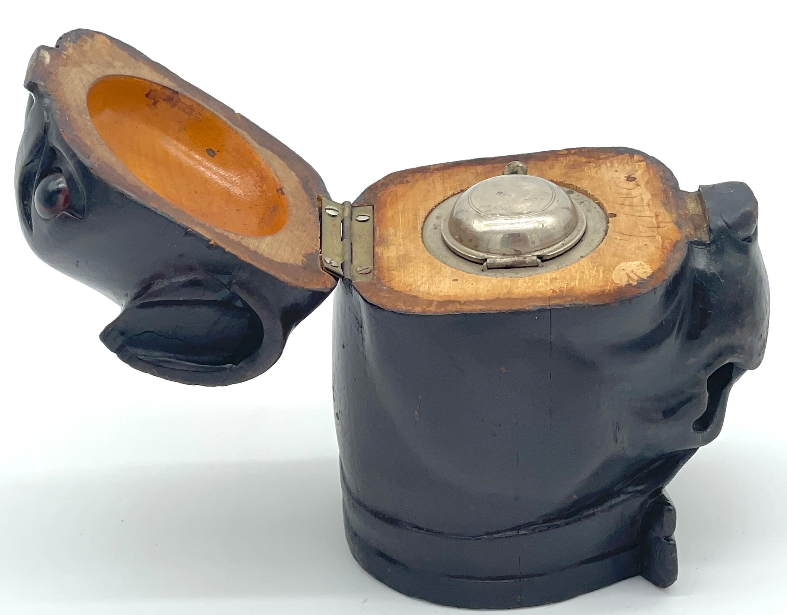  19th Century Victorian Blackened Lignum Vitae Bull/Pug Dog with Bow Tie Inkwell For Sale 3