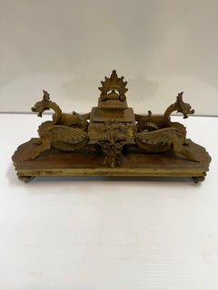 19th Century Victorian Brass Inkwell with Winged Griffons & Integrated Pen Tray