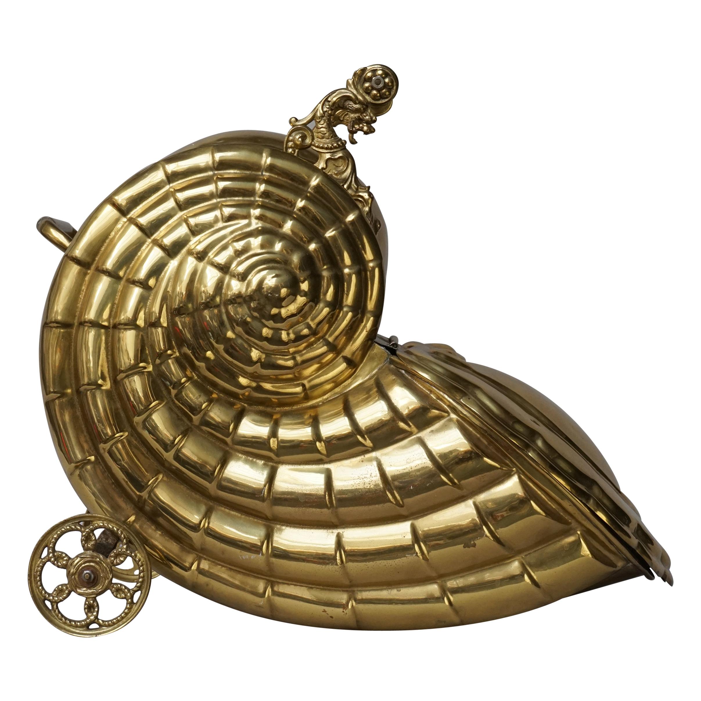 19th Century Victorian Brass Nautilus Shell Shaped Coal Scuttle or Purdonium For Sale