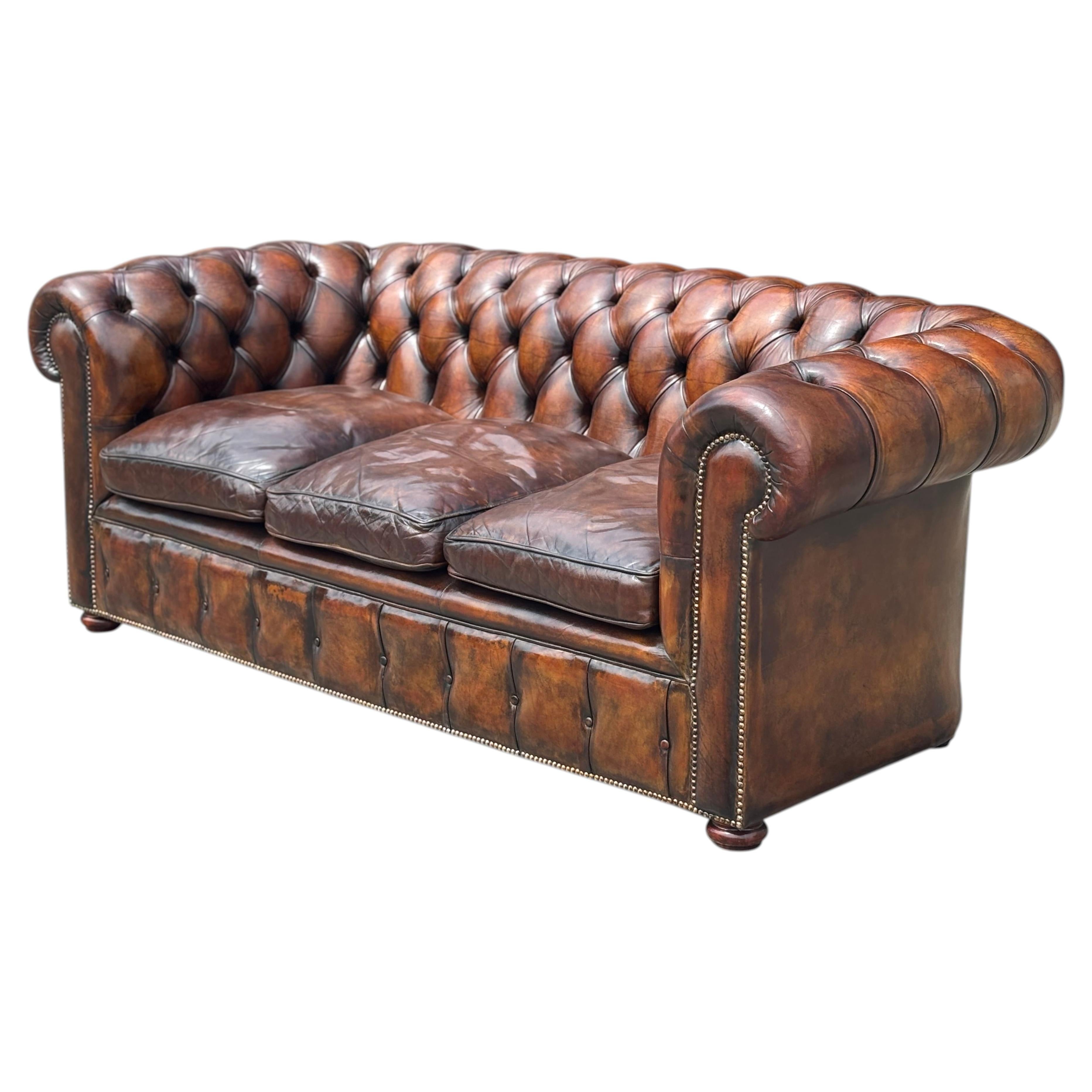 19th Century Victorian Brown Leather 3-Seater Chesterfield Sofa