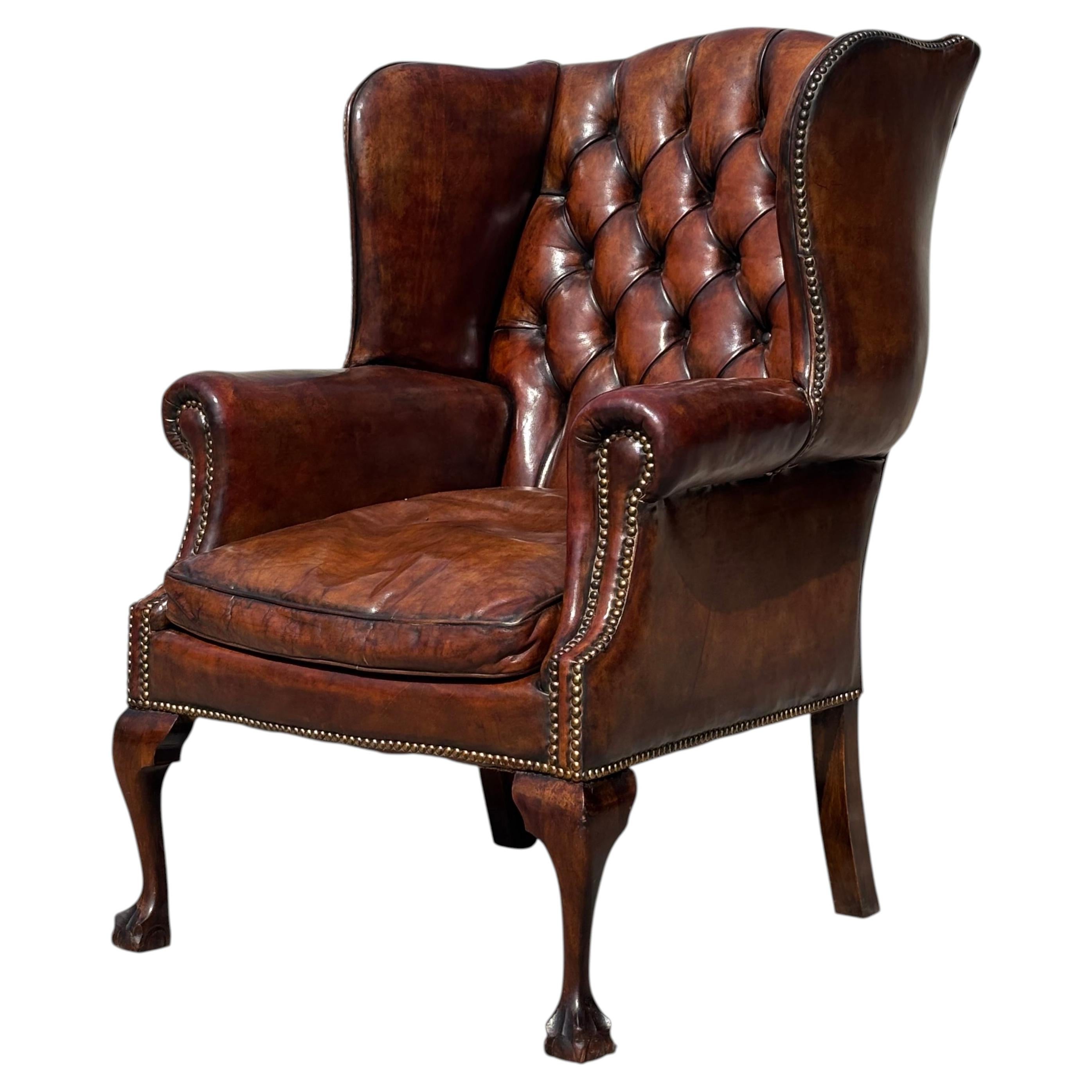 19th Century Victorian Brown Leather Library Wing Armchair
