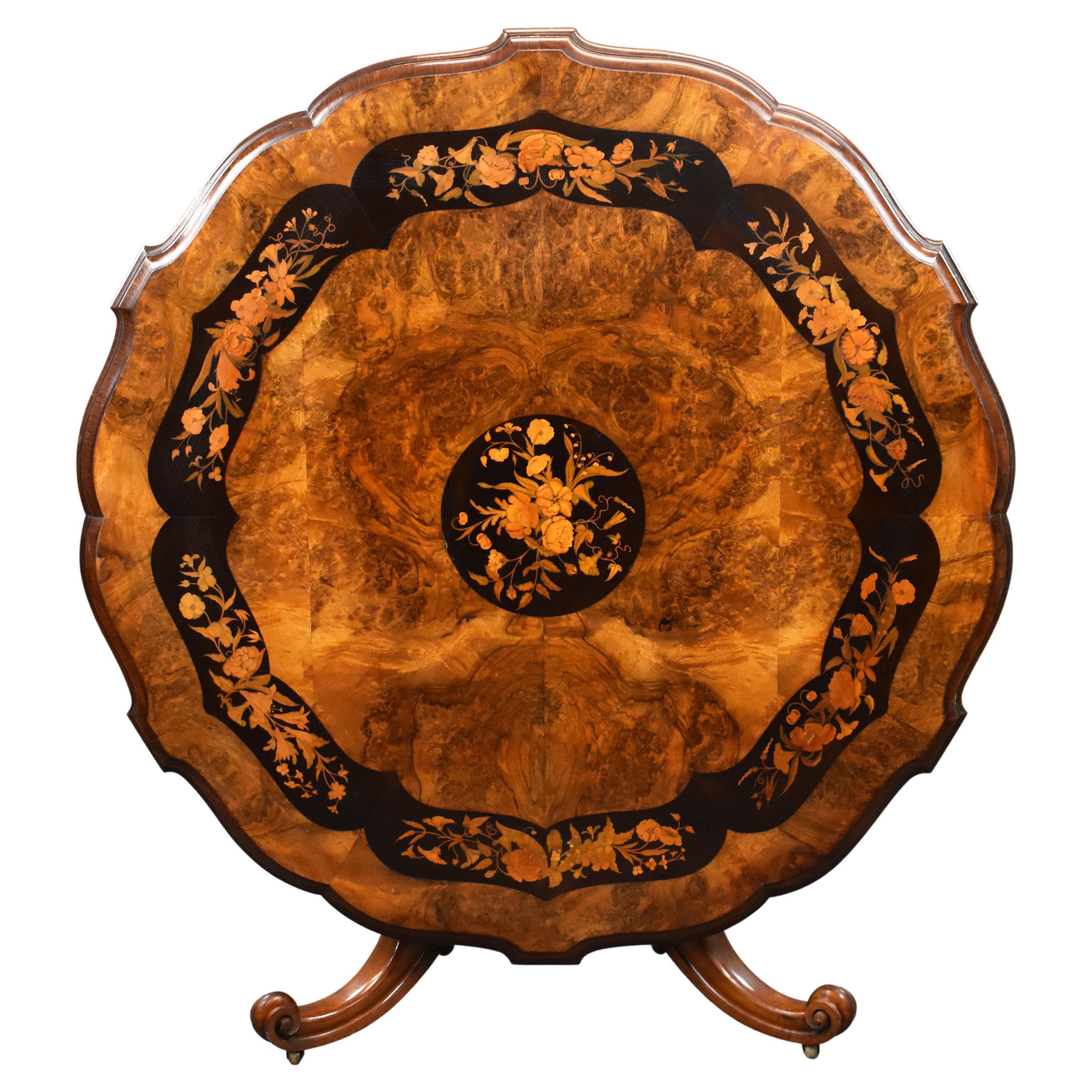 19th Century Victorian Burl Walnt & Marquetry Centre Table For Sale
