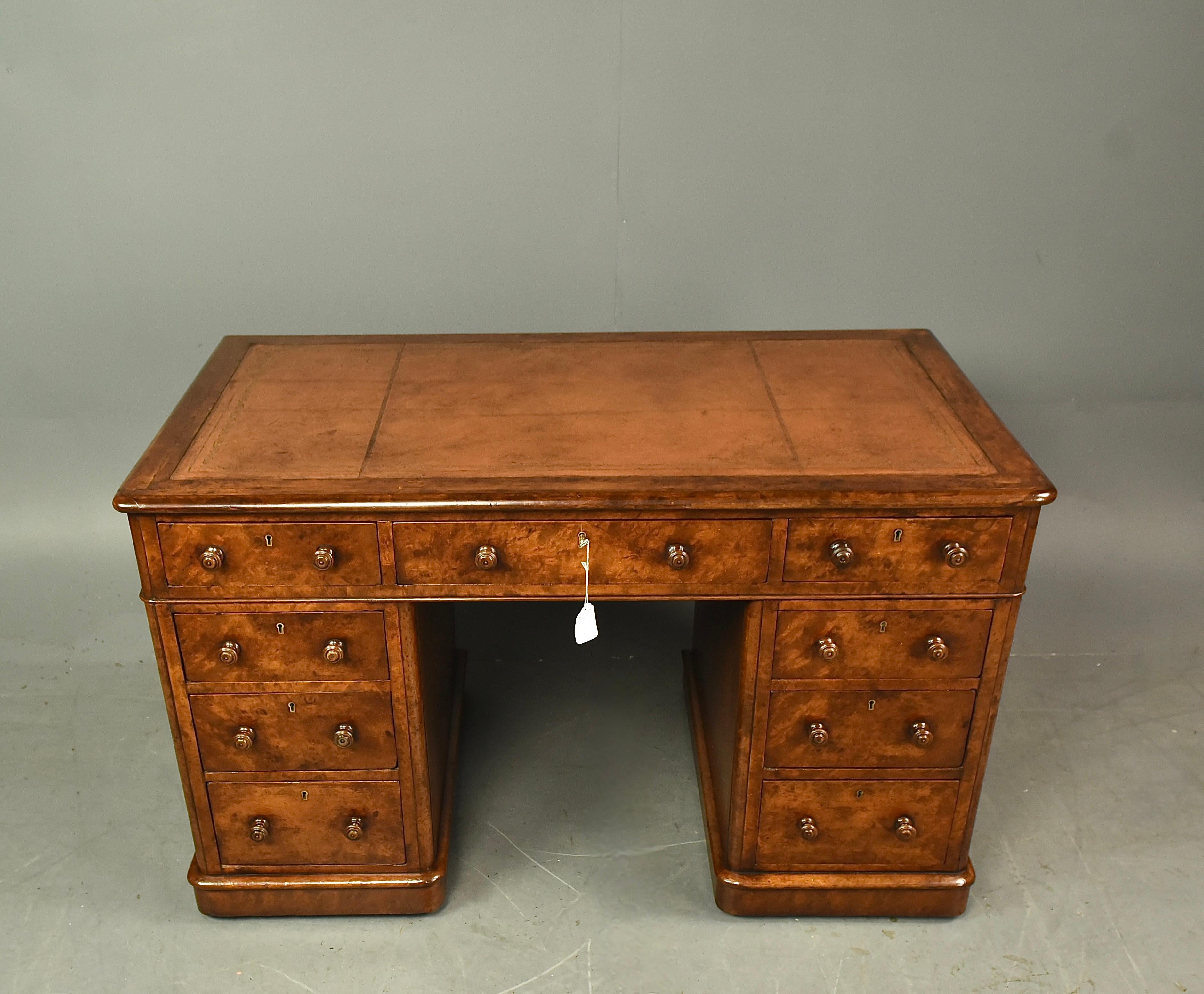 19th Century 19th century Victorian burl walnut pedestal Desk 