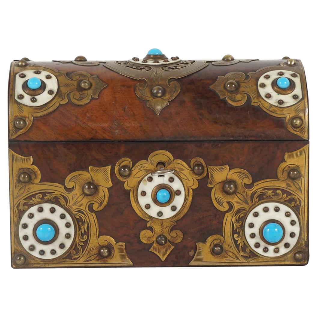 Boîte victorienne du 19e siècle en noyer ronceux, os et bijoux