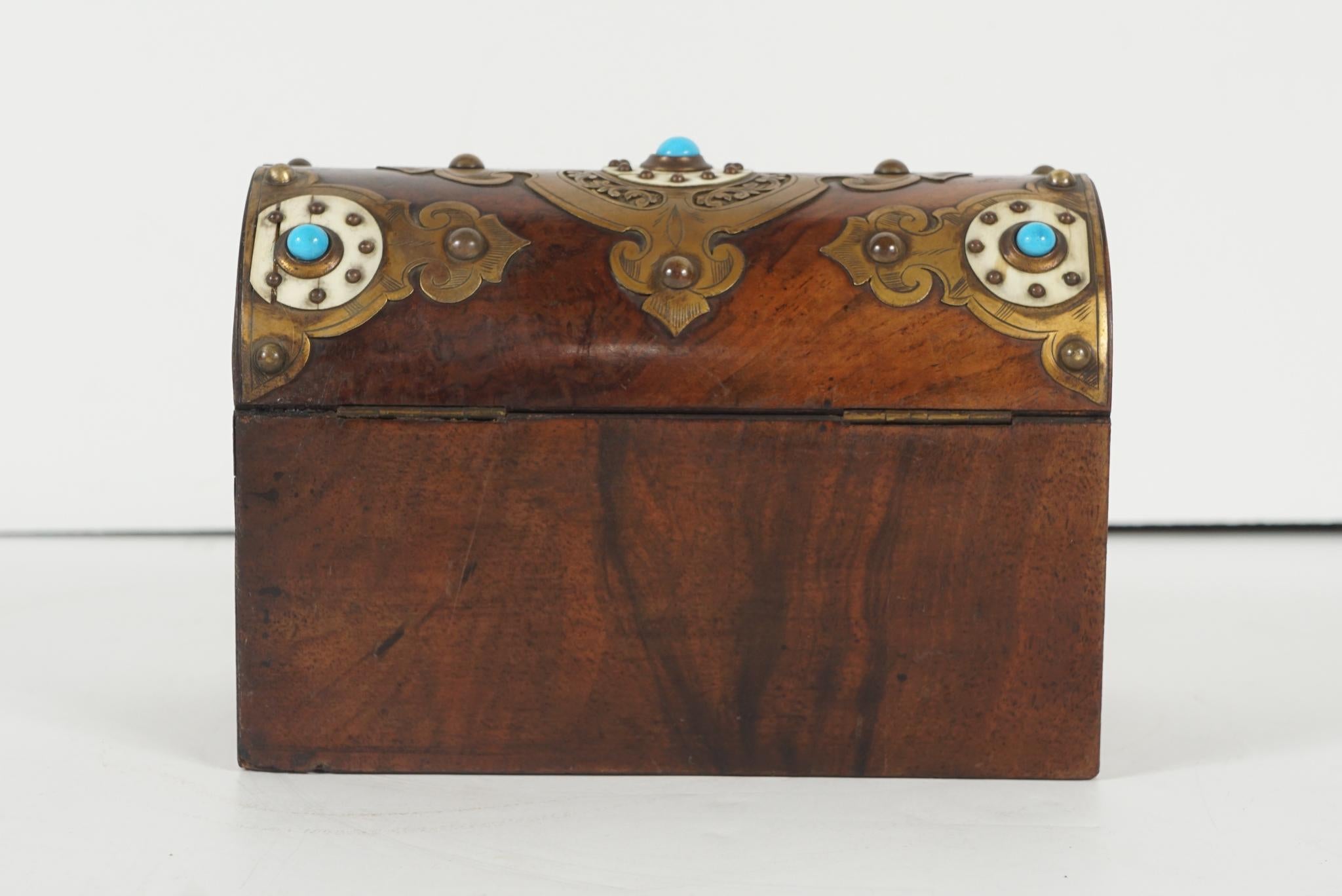Carved 19th Century Victorian Burled Walnut, Bone and Jeweled Box For Sale