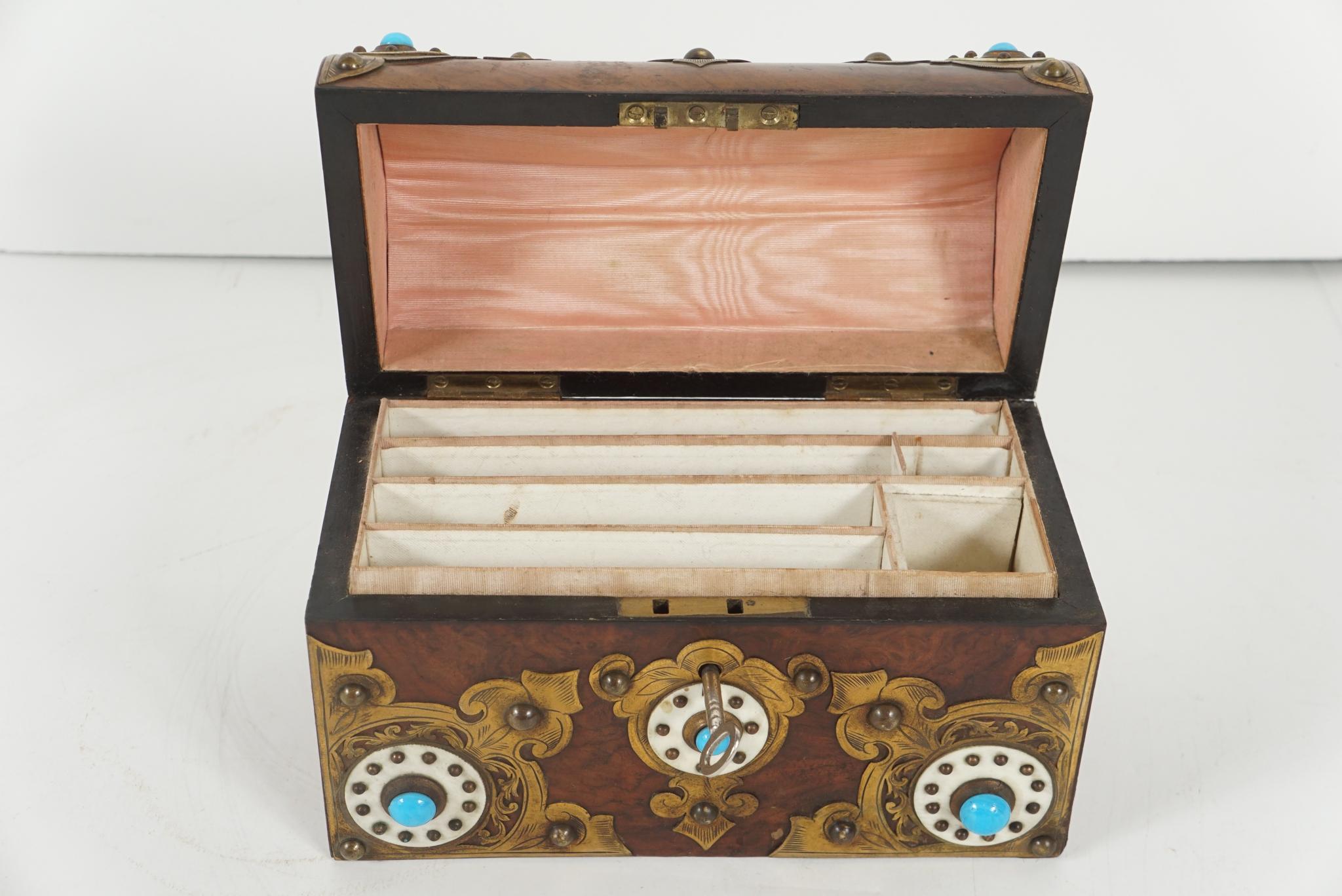 19th Century Victorian Burled Walnut, Bone and Jeweled Box In Good Condition For Sale In Hudson, NY