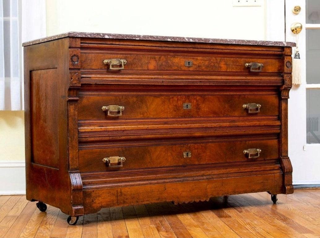 Brass 19th Century Victorian Burled Walnut Chest of Drawers For Sale