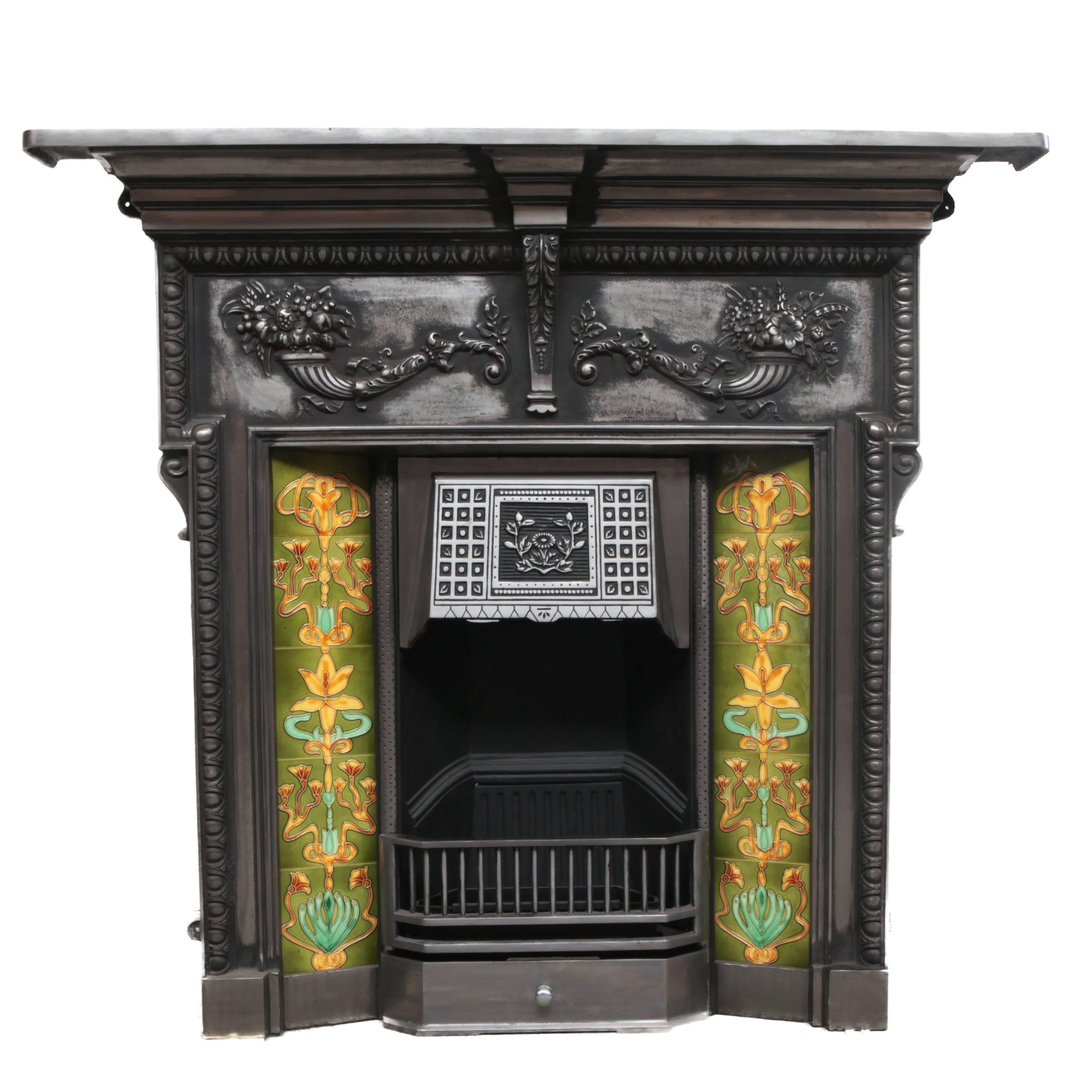 Victorian Burnished Tiled Cast Iron Fireplace