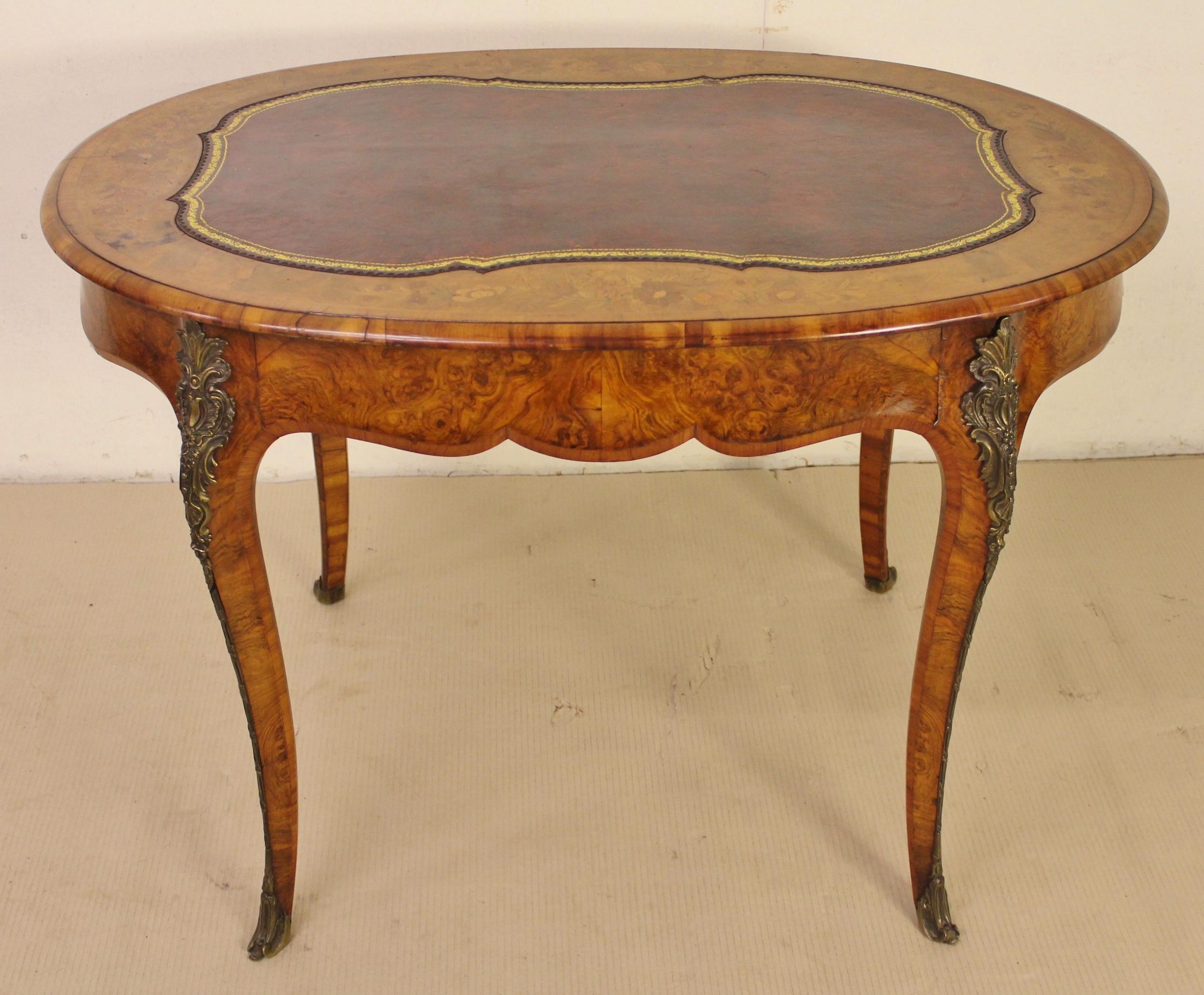 19th Century Victorian Burr Walnut and Marquetry Oval Writing Table 6