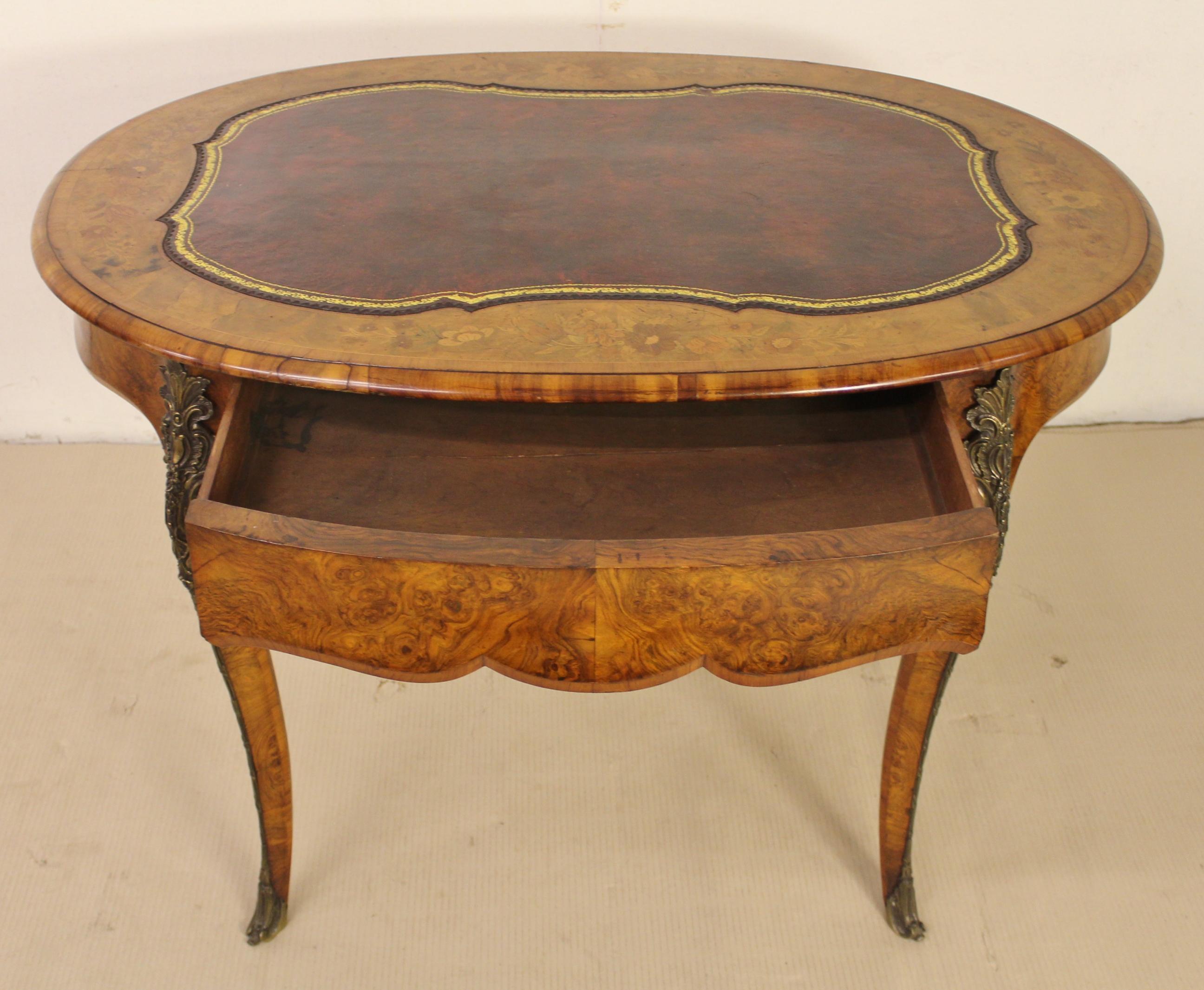 19th Century Victorian Burr Walnut and Marquetry Oval Writing Table 7