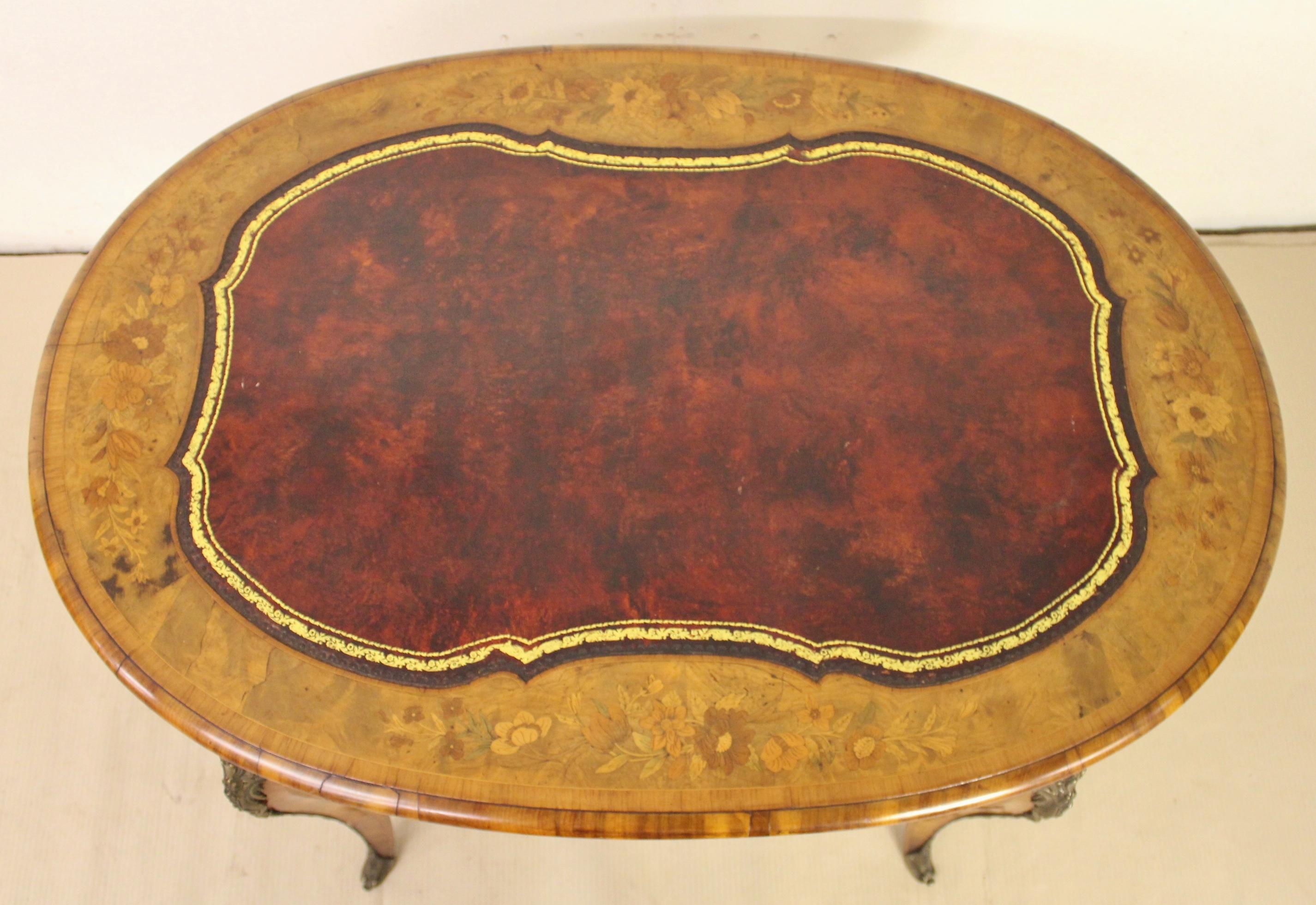 19th Century Victorian Burr Walnut and Marquetry Oval Writing Table 8