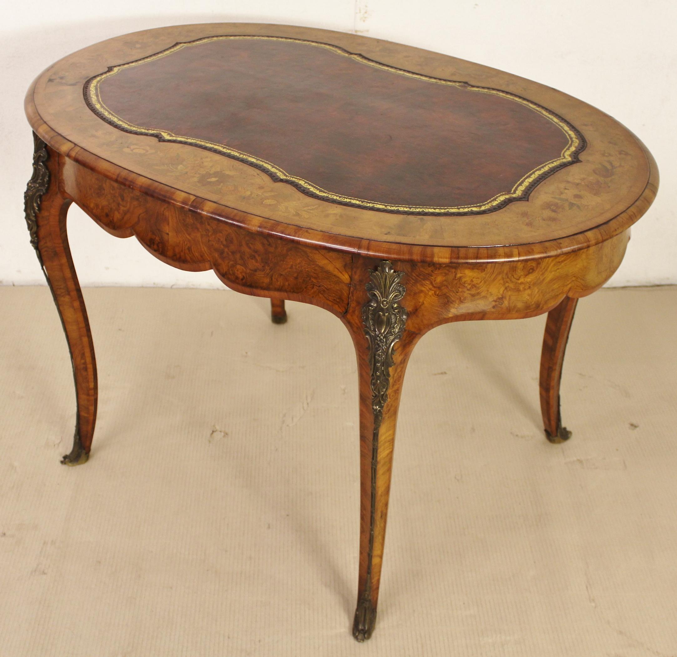19th Century Victorian Burr Walnut and Marquetry Oval Writing Table 1