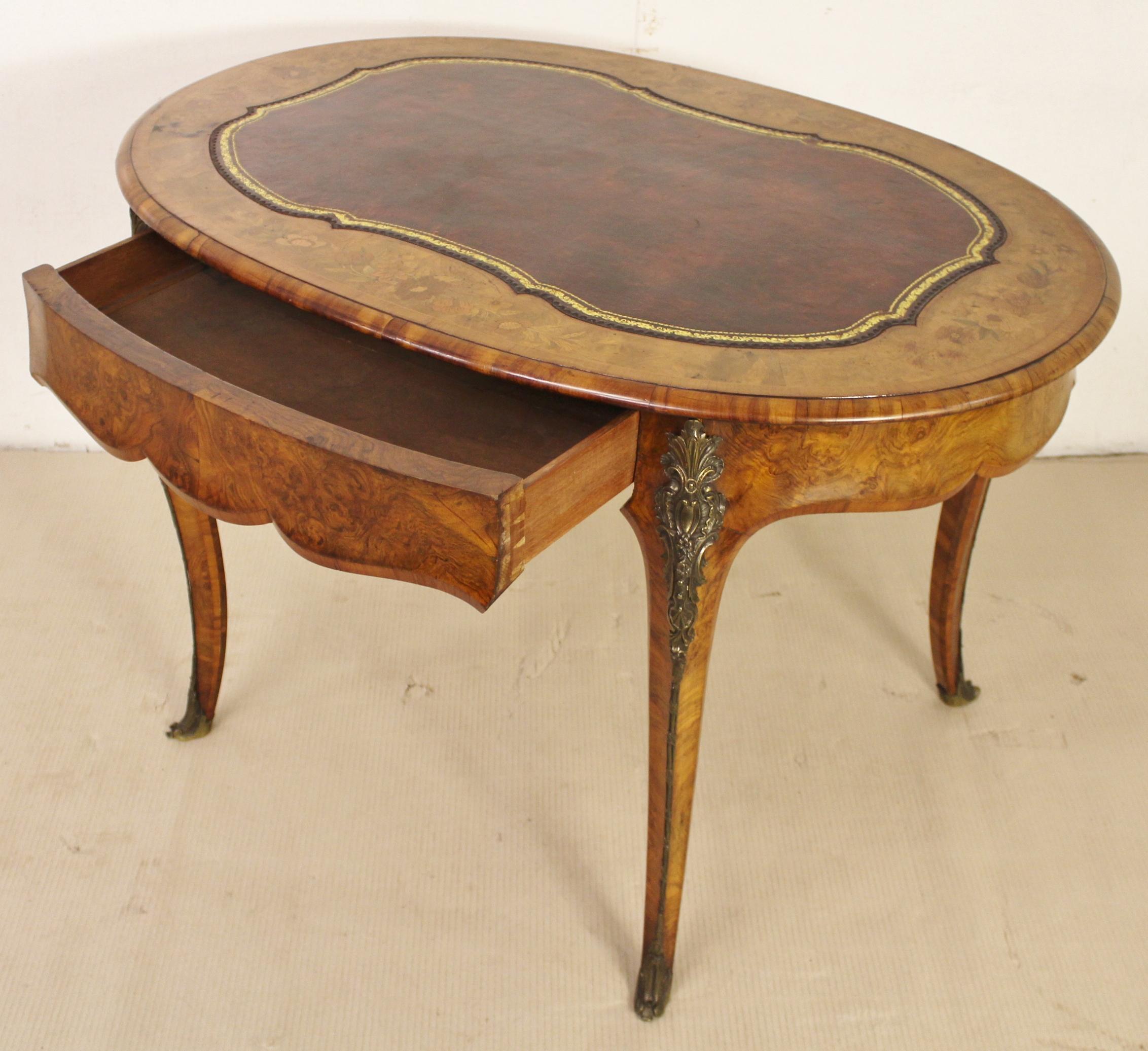 19th Century Victorian Burr Walnut and Marquetry Oval Writing Table 2