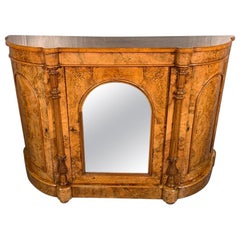 19th Century Victorian Burr Walnut Credenza Sideboard with Mirrored Central Door