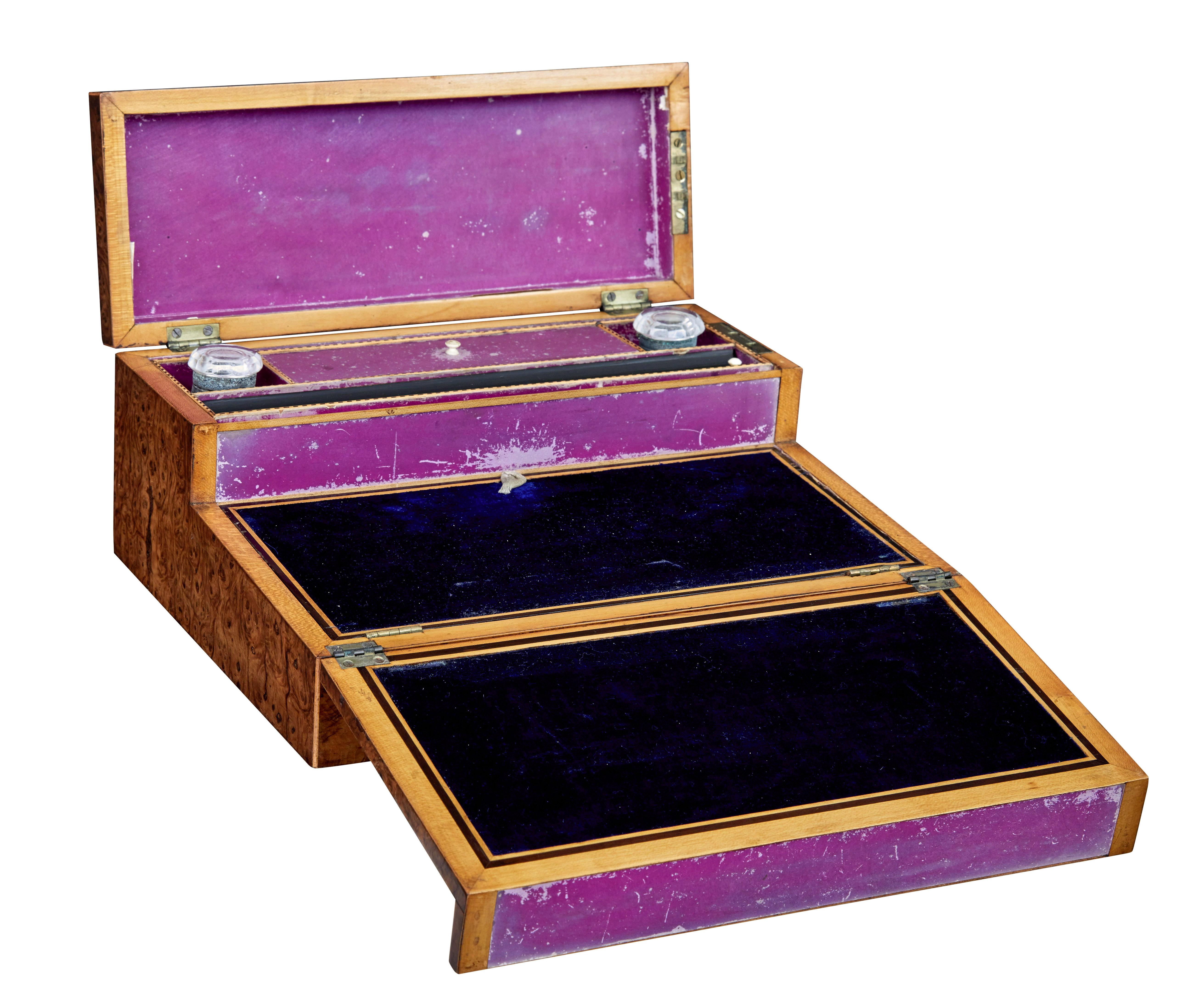 19th century victorian burr walnut desk top writing slope circa 1870.

Fine quality english made victorian writing slope.  Exterior of rich burr walnut with tunbridge ware inlay decoration.  Top lid opens to reveal a compartment and pen tray flanked