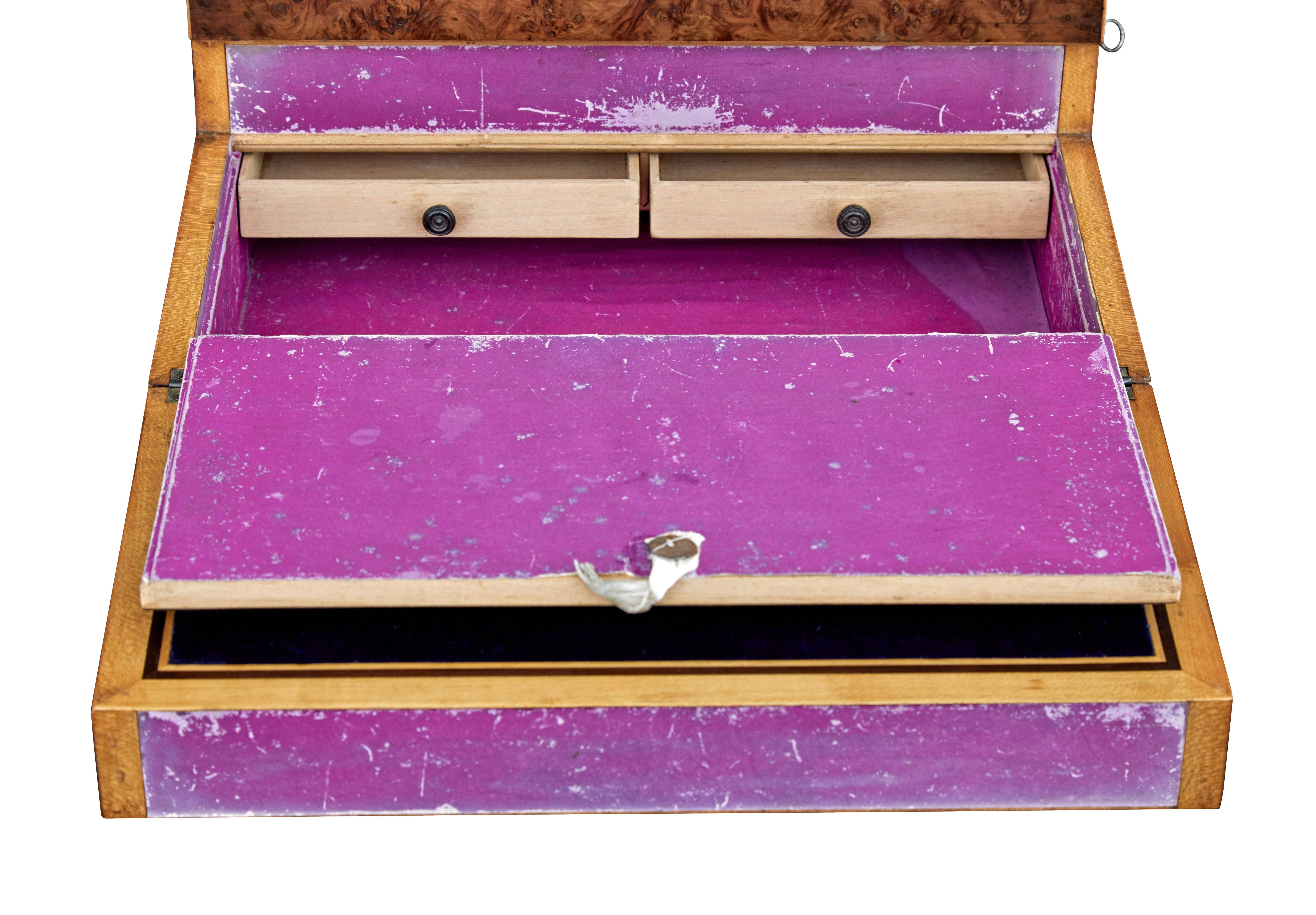 Baize 19th century victorian burr walnut desk top writing slope For Sale