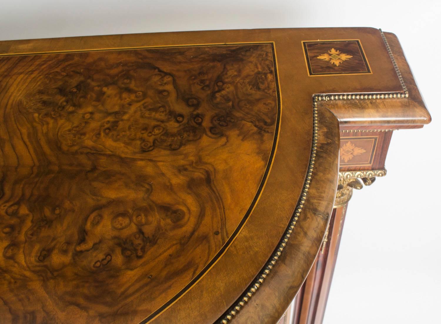 English 19th Century Victorian Burr Walnut Inlaid Credenza Side Cabinet