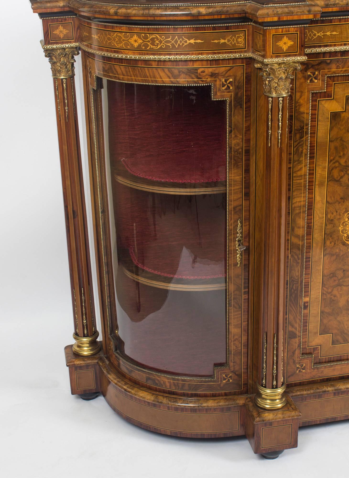 Mid-19th Century 19th Century Victorian Burr Walnut Inlaid Credenza Side Cabinet