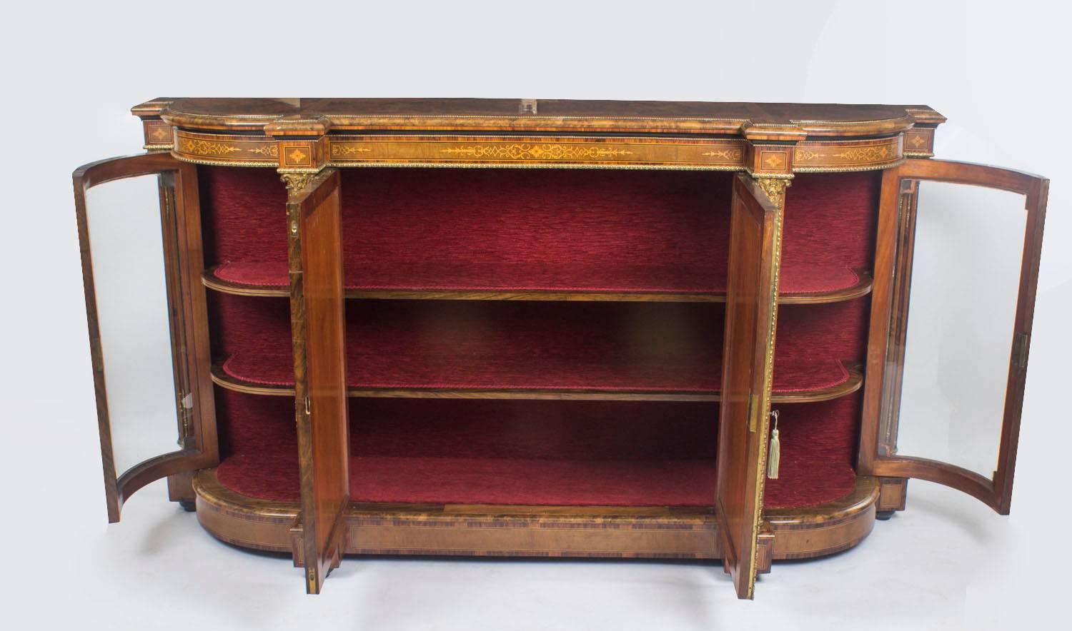 Velvet 19th Century Victorian Burr Walnut Inlaid Credenza Side Cabinet