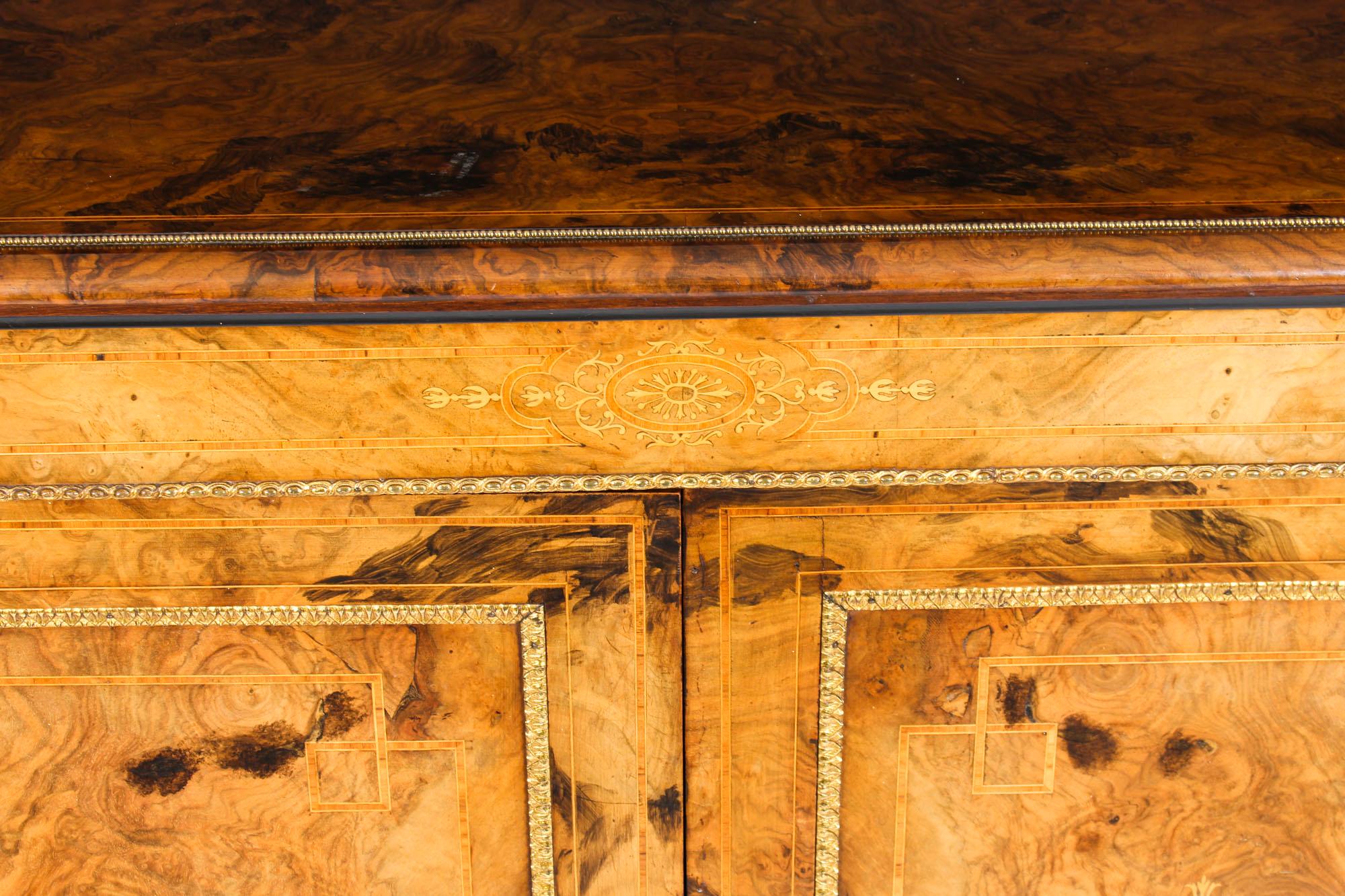 Mid-19th Century 19th Century Victorian Burr Walnut Inlaid Credenza Side Cabinet