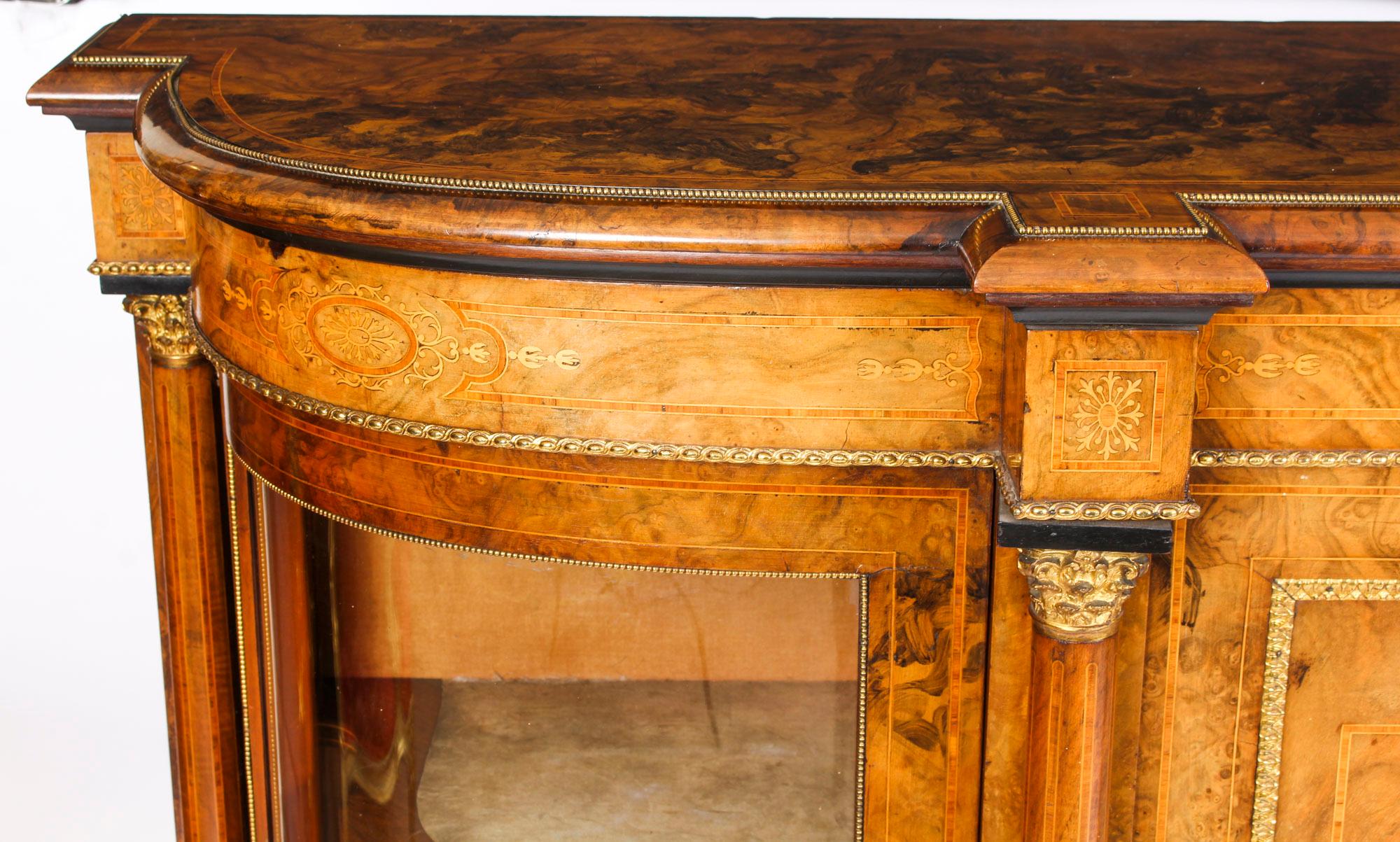 19th Century Victorian Burr Walnut Inlaid Credenza Side Cabinet 1
