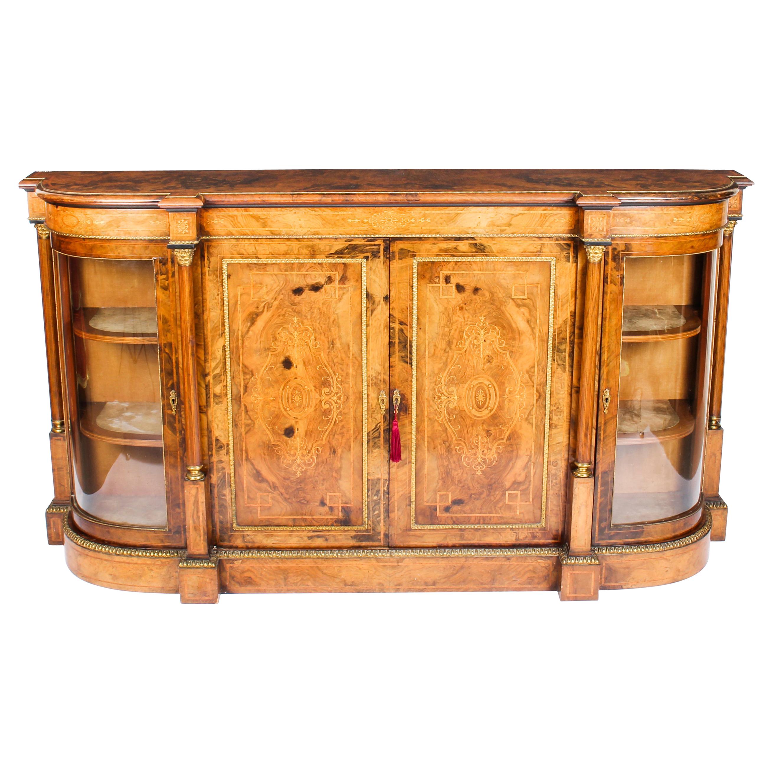 19th Century Victorian Burr Walnut Inlaid Credenza Side Cabinet