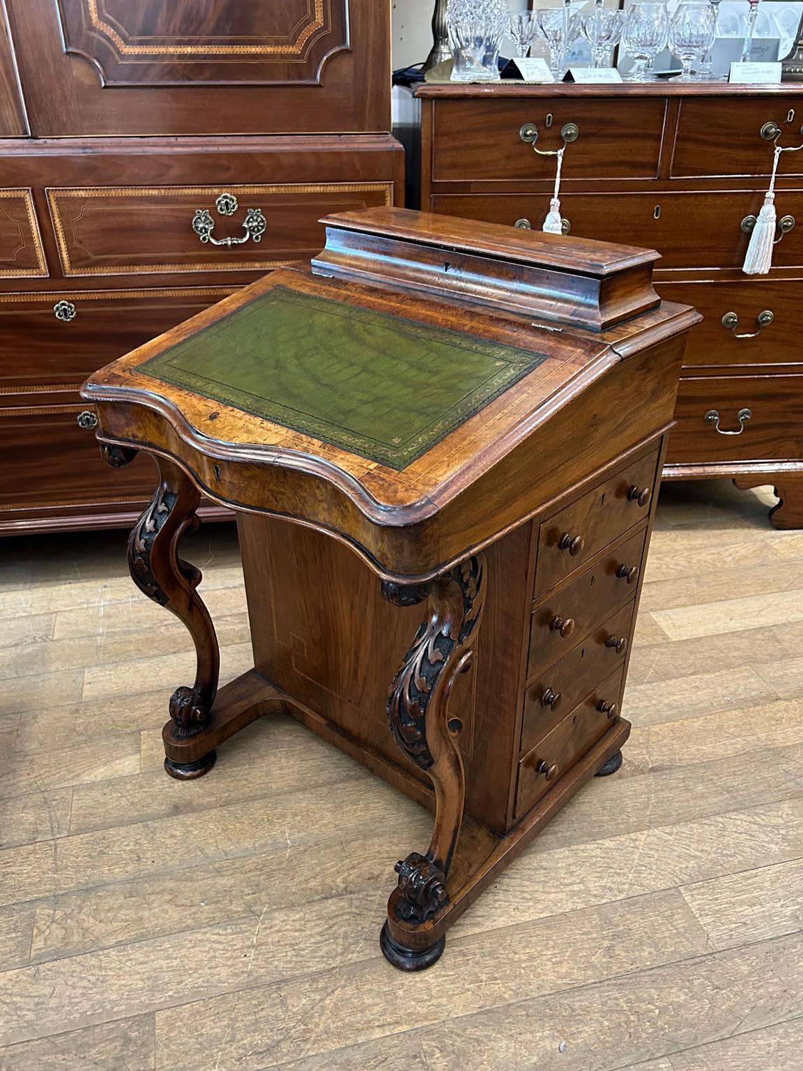 English 19th Century Victorian Burr Walnut Inlaid Davenport
