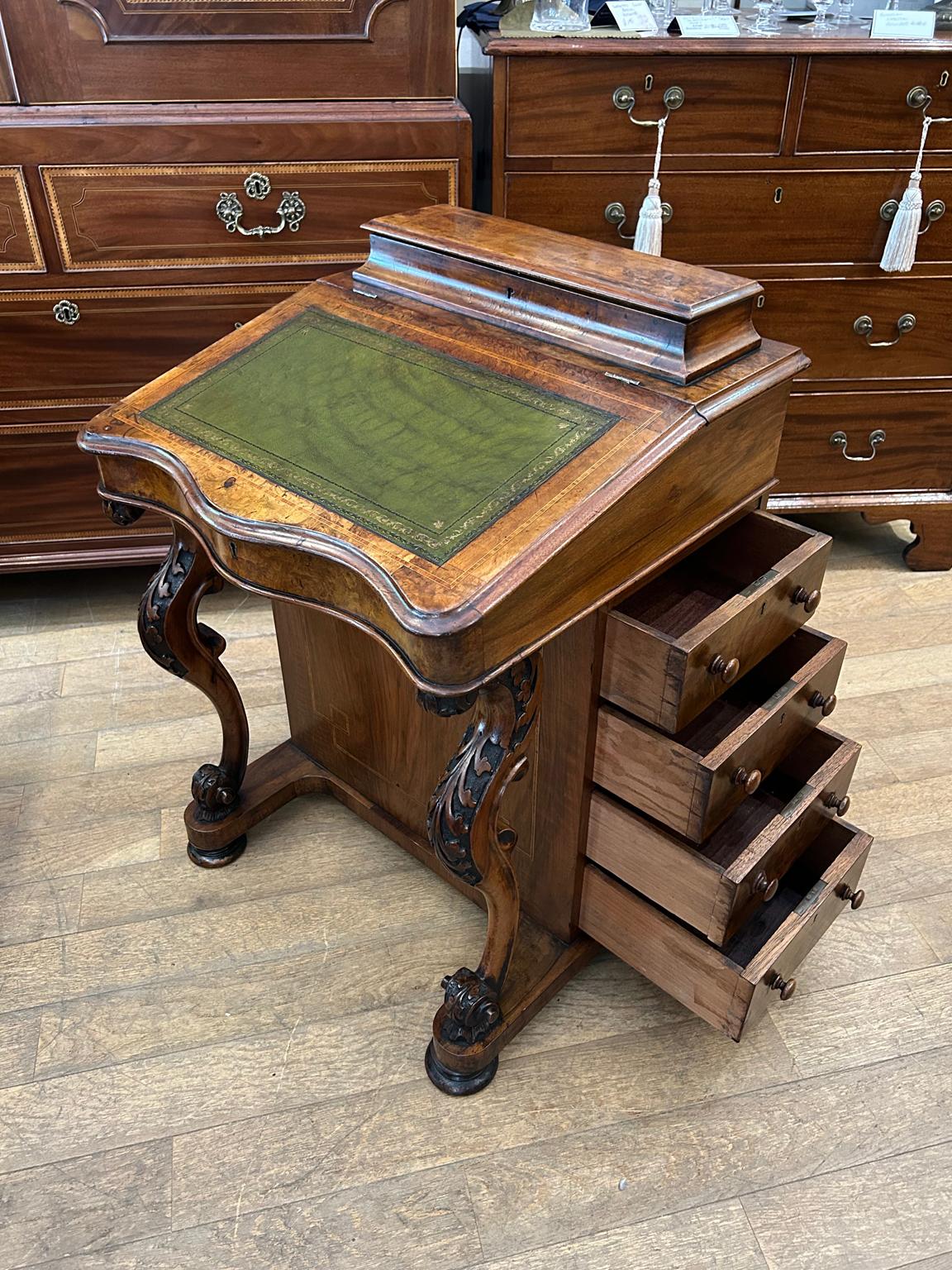 19th Century Victorian Burr Walnut Inlaid Davenport 2