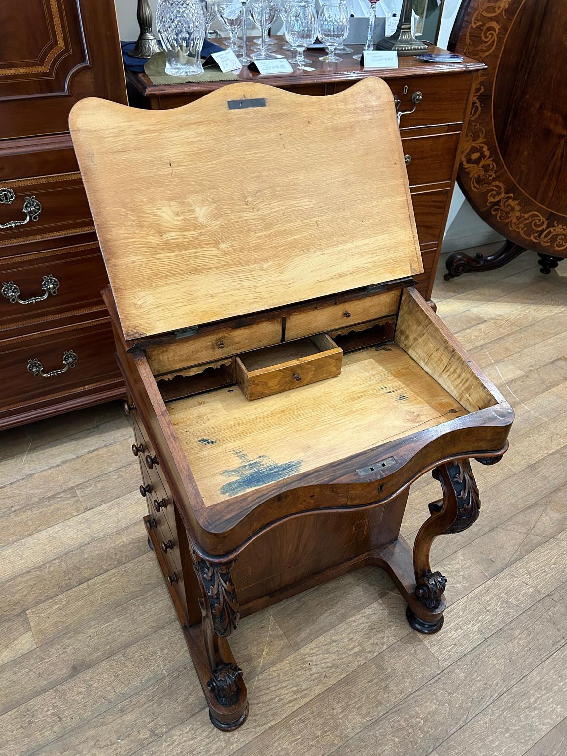 19th Century Victorian Burr Walnut Inlaid Davenport 3