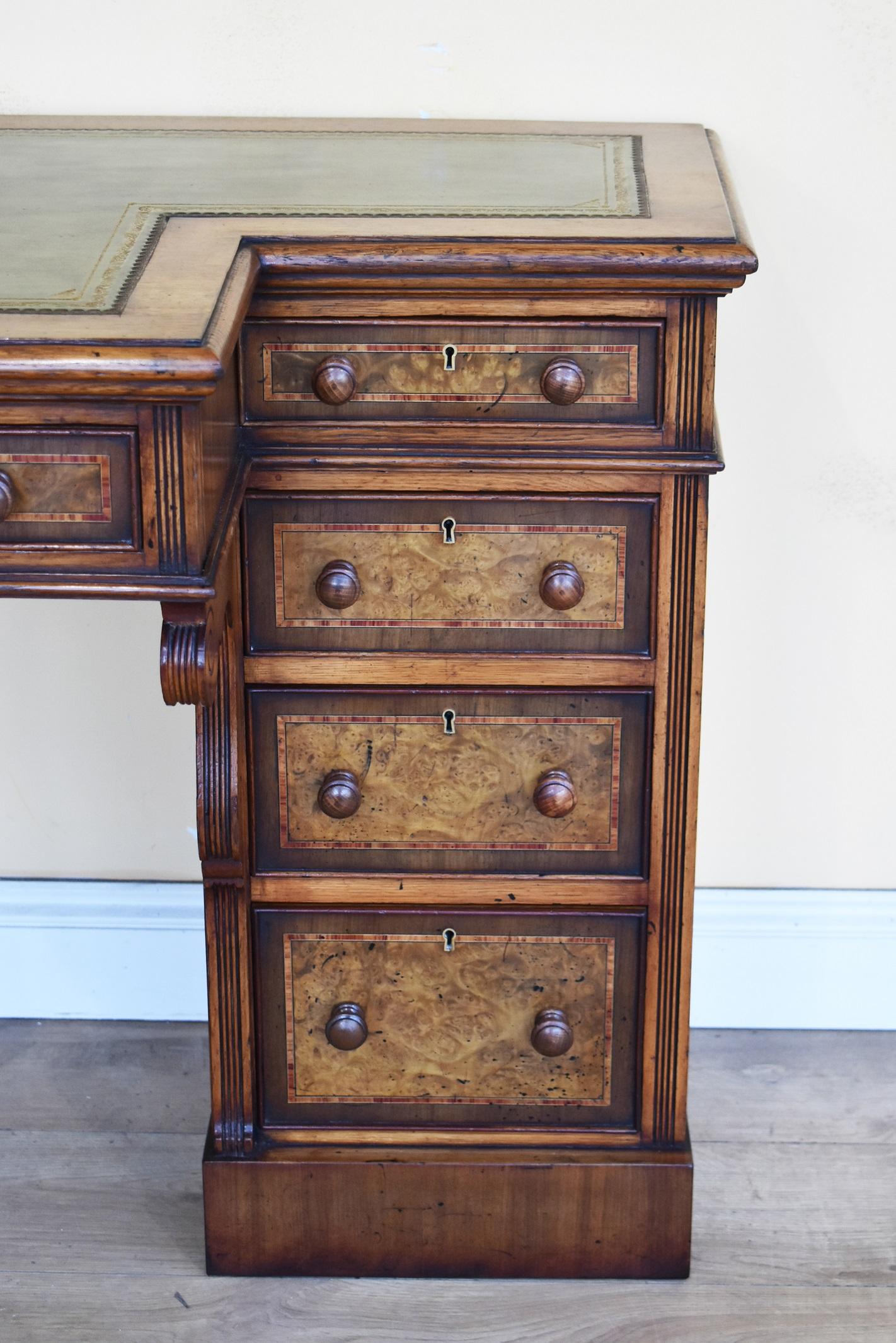 English 19th Century Victorian Burr Walnut Inlaid Pedestal Desk