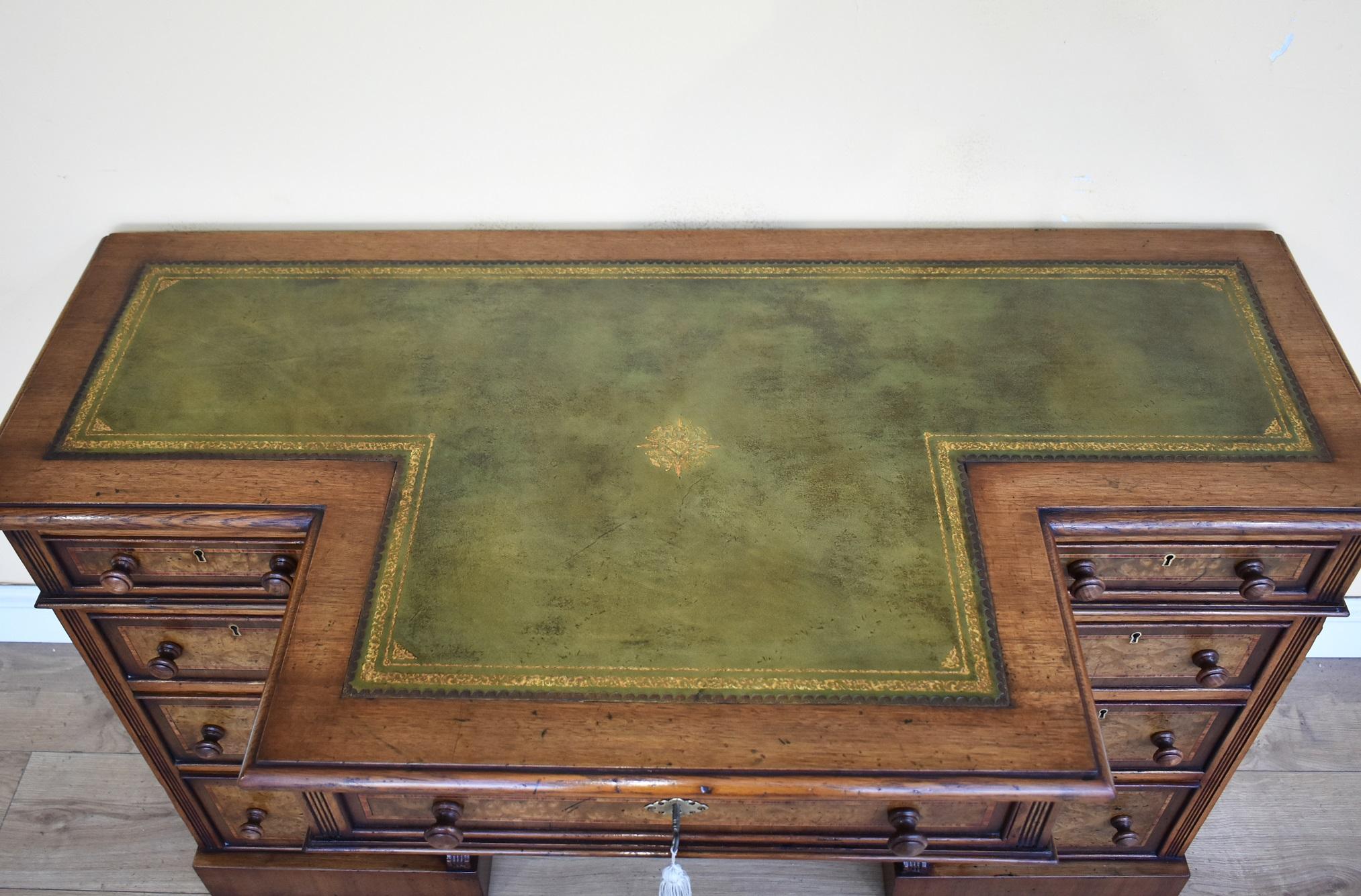 Inlay 19th Century Victorian Burr Walnut Inlaid Pedestal Desk