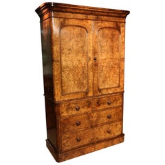 19th Century Victorian Burr Walnut Linen Press