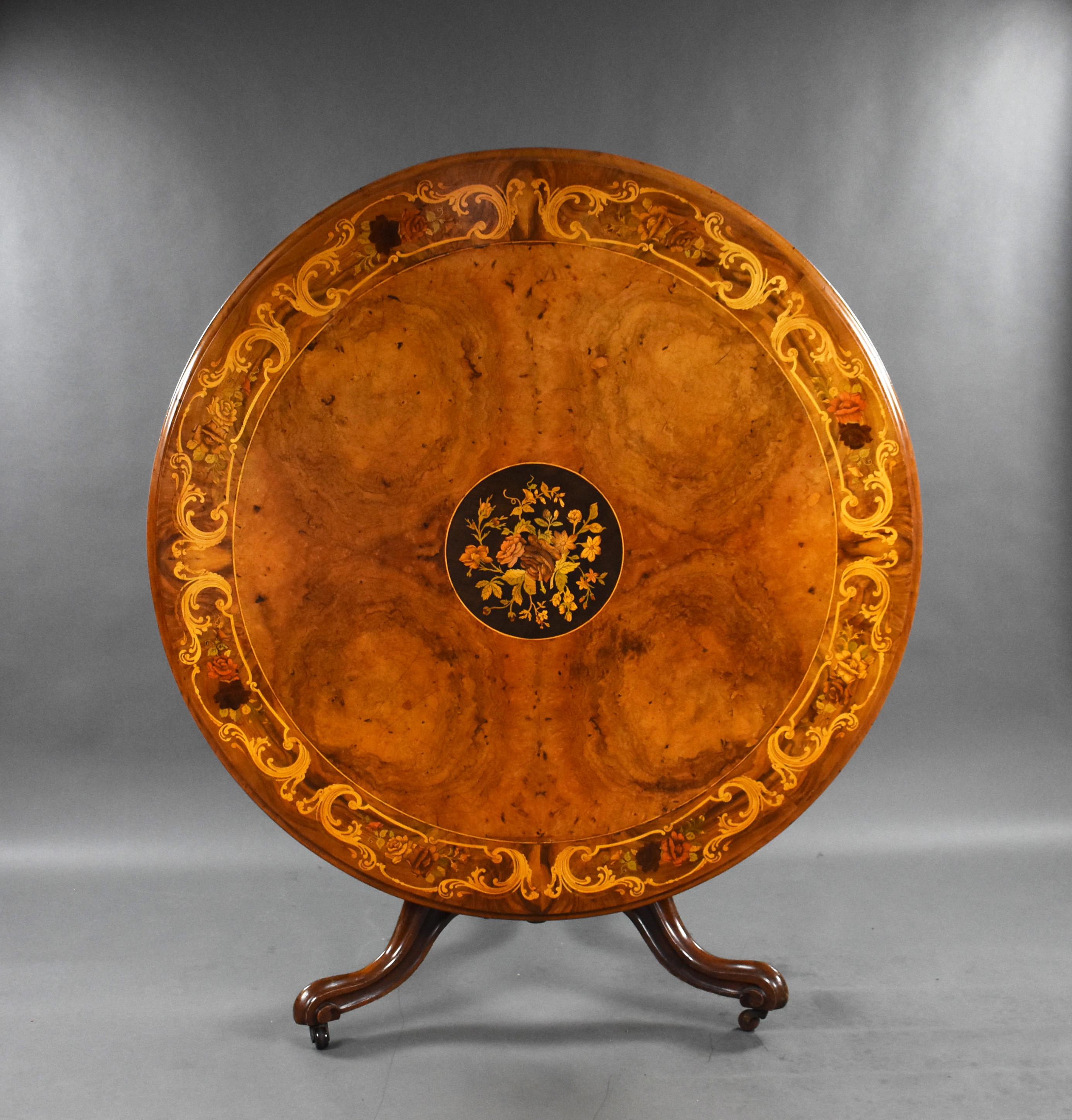 For sale is a good quality Victorian burr walnut & marquetry circular breakfast table, having a well figured and inlaid top, above a tripod base standing on elegant scroll legs raised on castors. The table is in very good condition for its age.