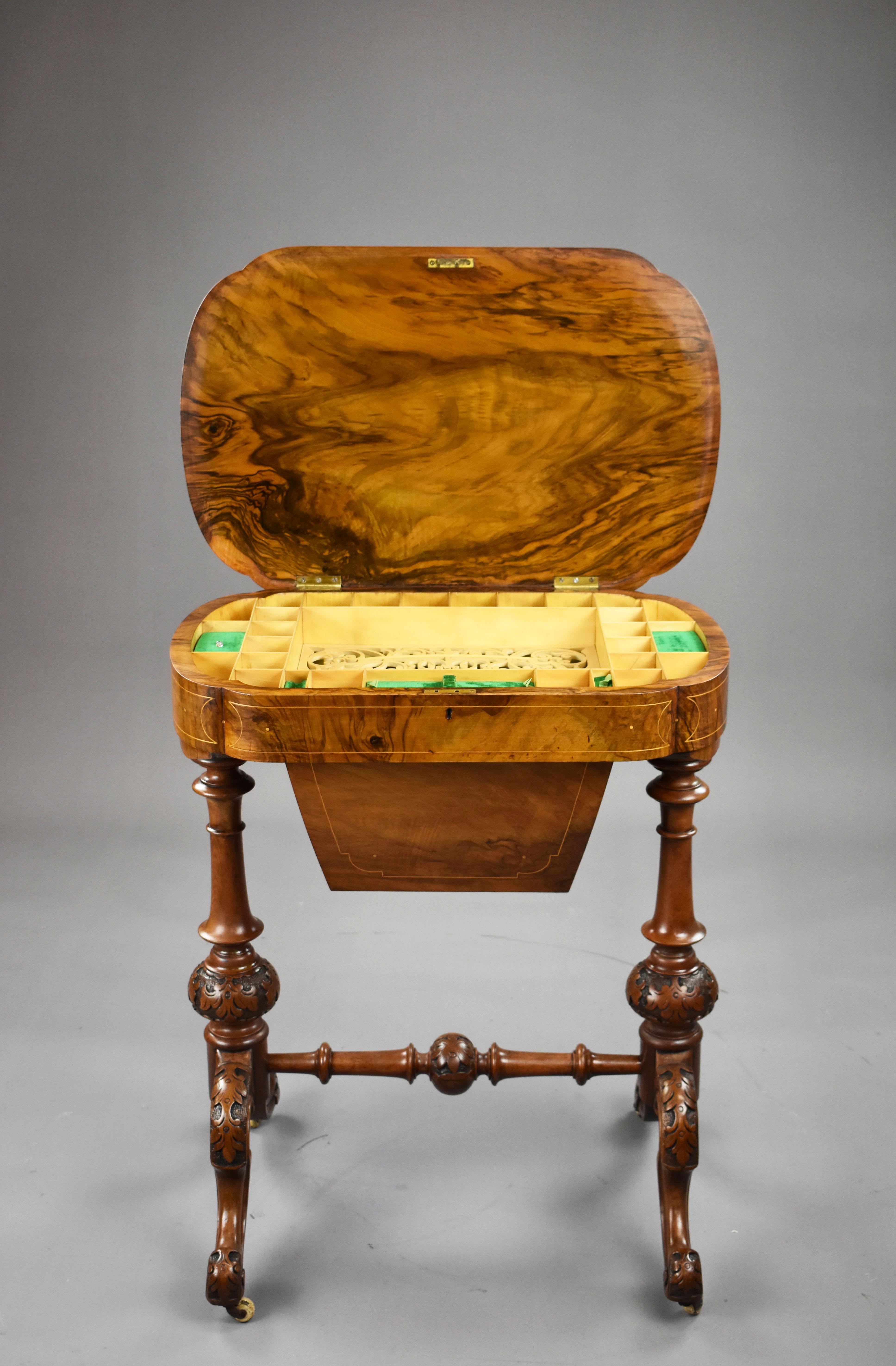 19th Century Victorian Burr Walnut Needlework Table For Sale 3