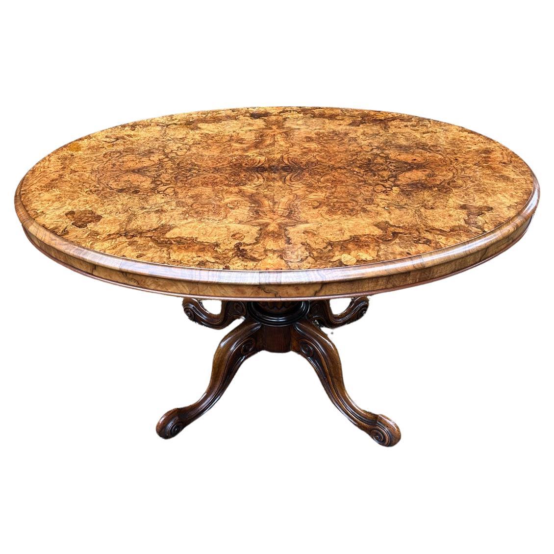 19th Century Victorian Burr Walnut Oval Tilt-Top Breakfast Table For Sale