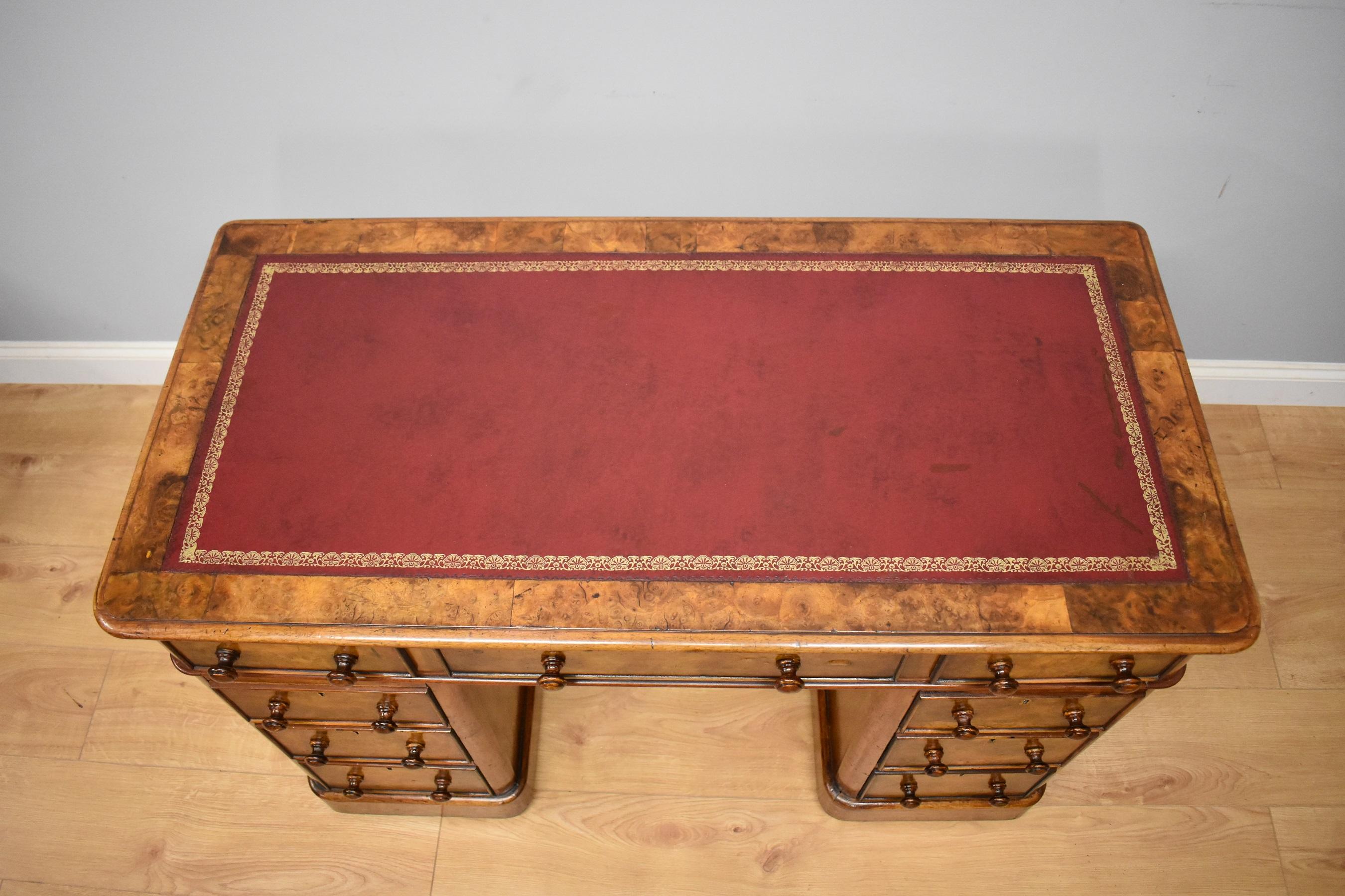 English 19th Century Victorian Burr Walnut Pedestal Desk