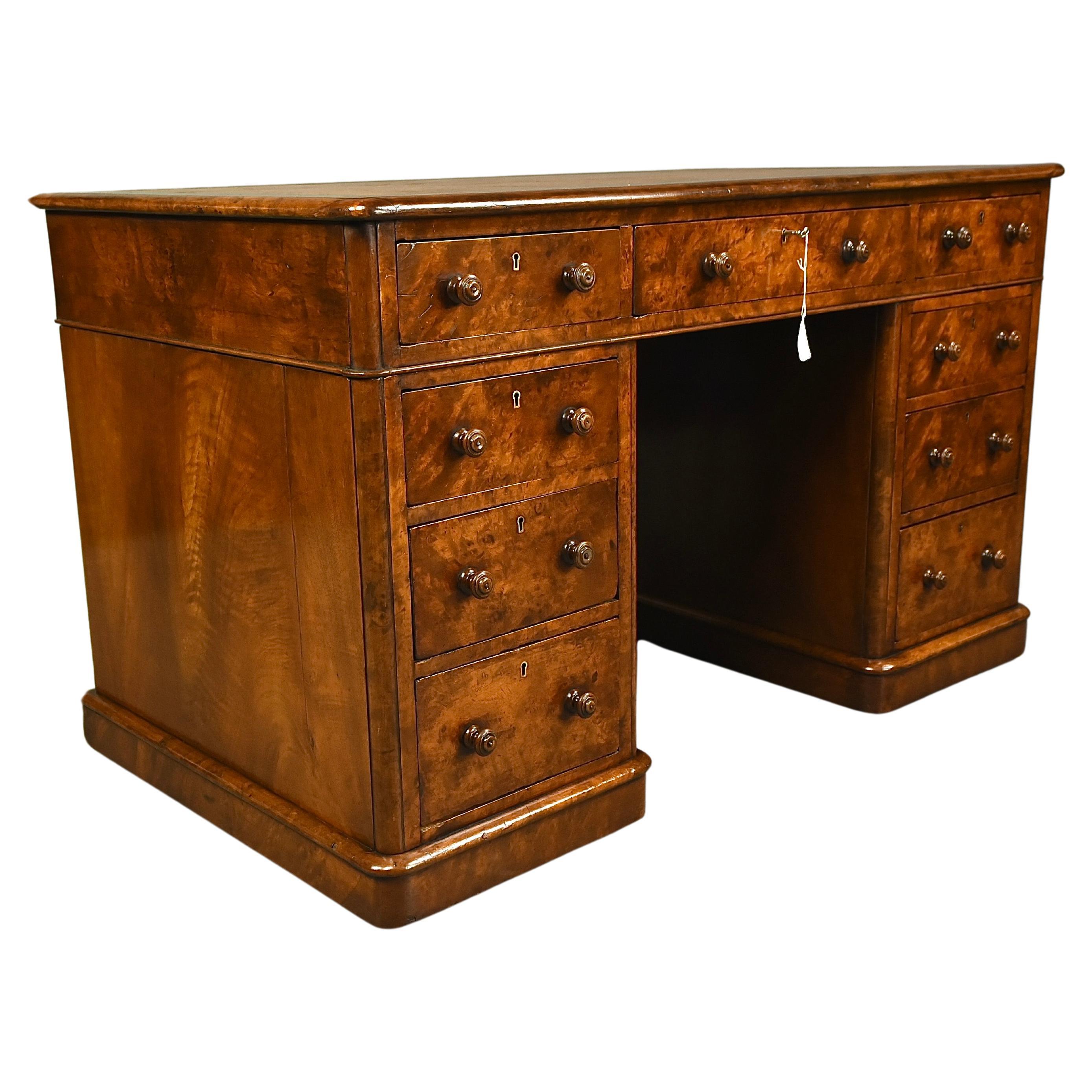 19th century Victorian burr walnut pedestal desk 