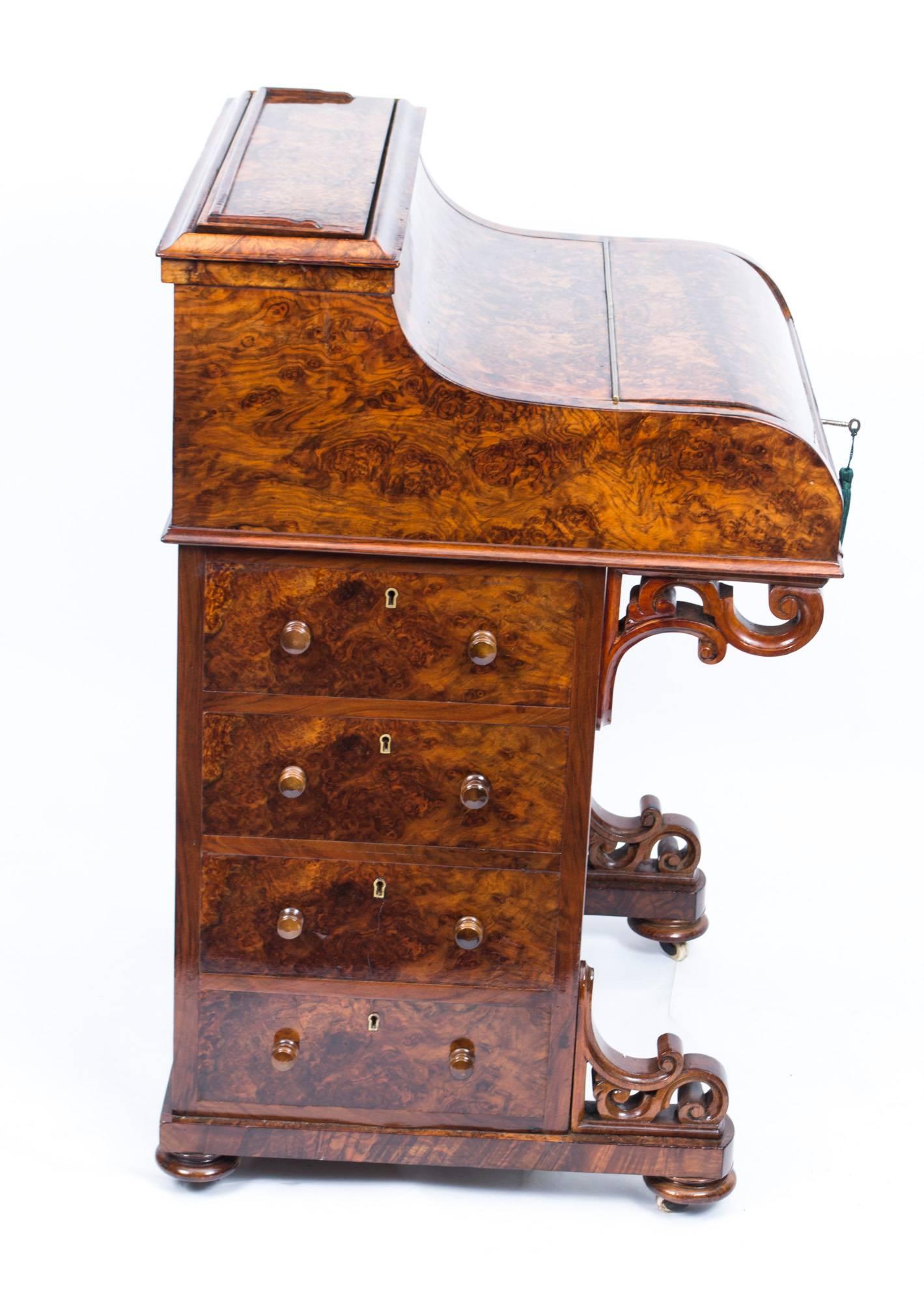19th Century Victorian Burr Walnut Pop Up Davenport Desk 7
