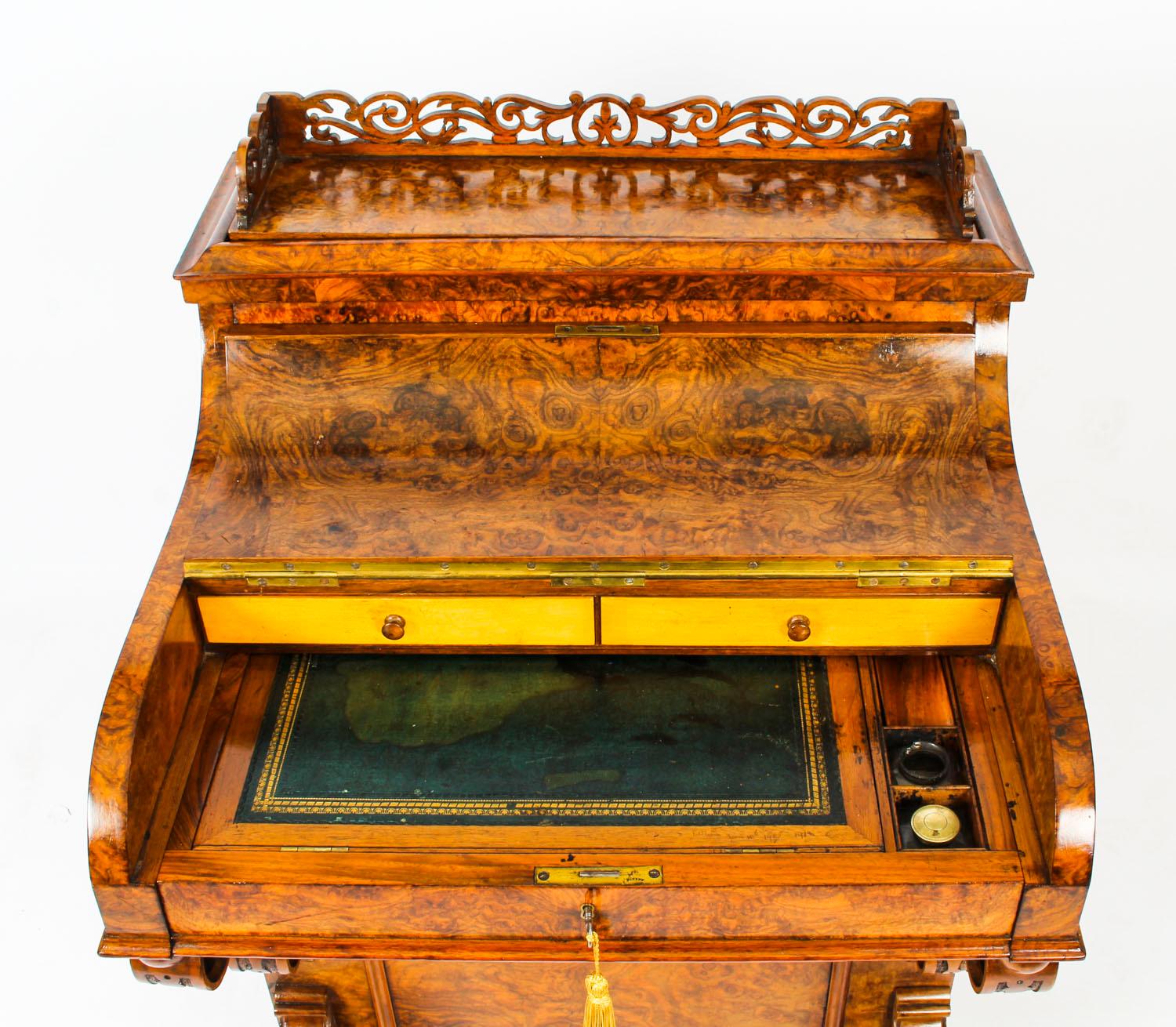 19th Century Victorian Burr Walnut Pop Up Davenport Desk 9