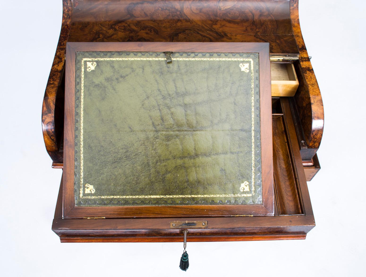 Leather 19th Century Victorian Burr Walnut Pop Up Davenport Desk