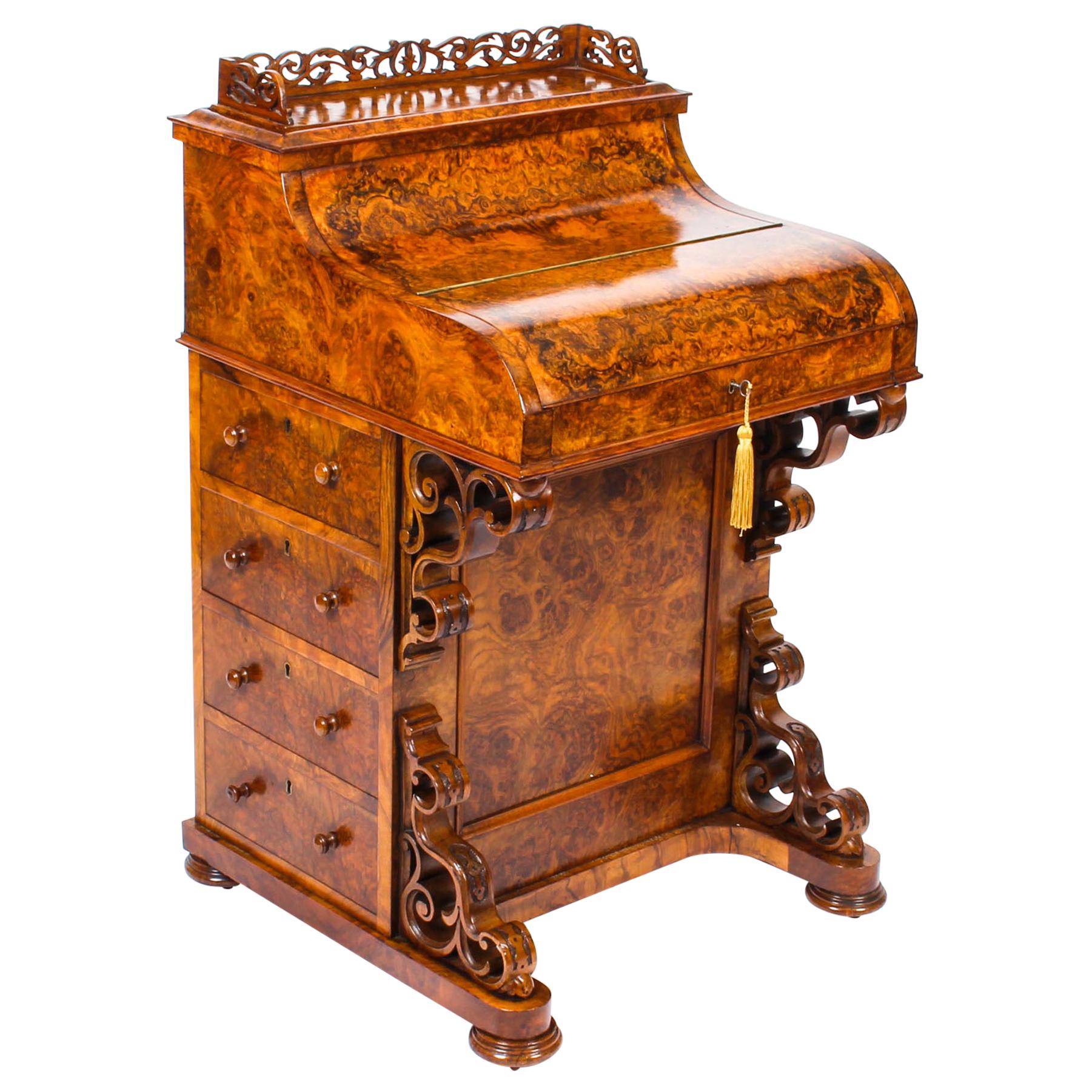 19th Century Victorian Burr Walnut Pop Up Davenport Desk