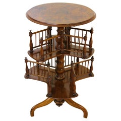 Antique 19th Century Victorian Burr Walnut Revolving 2-Tier Book Table