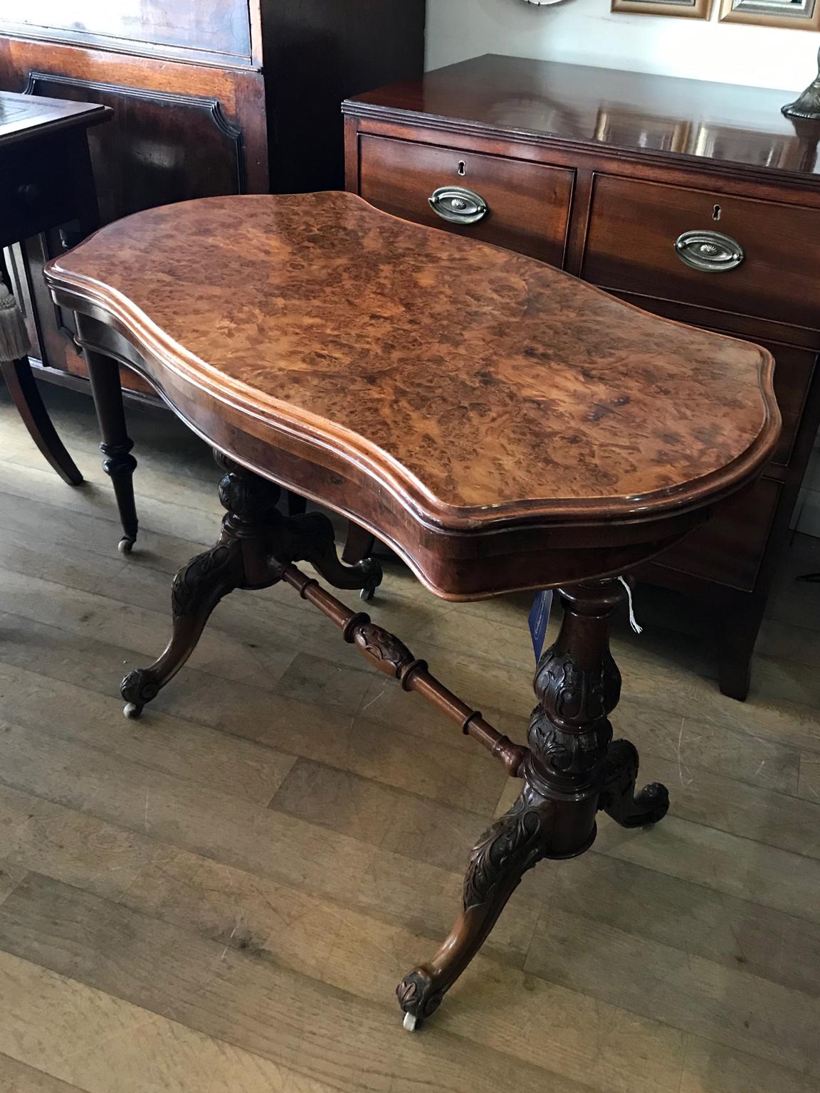 Hand-Crafted 19th Century Victorian Burr Walnut Serpentine Card Table