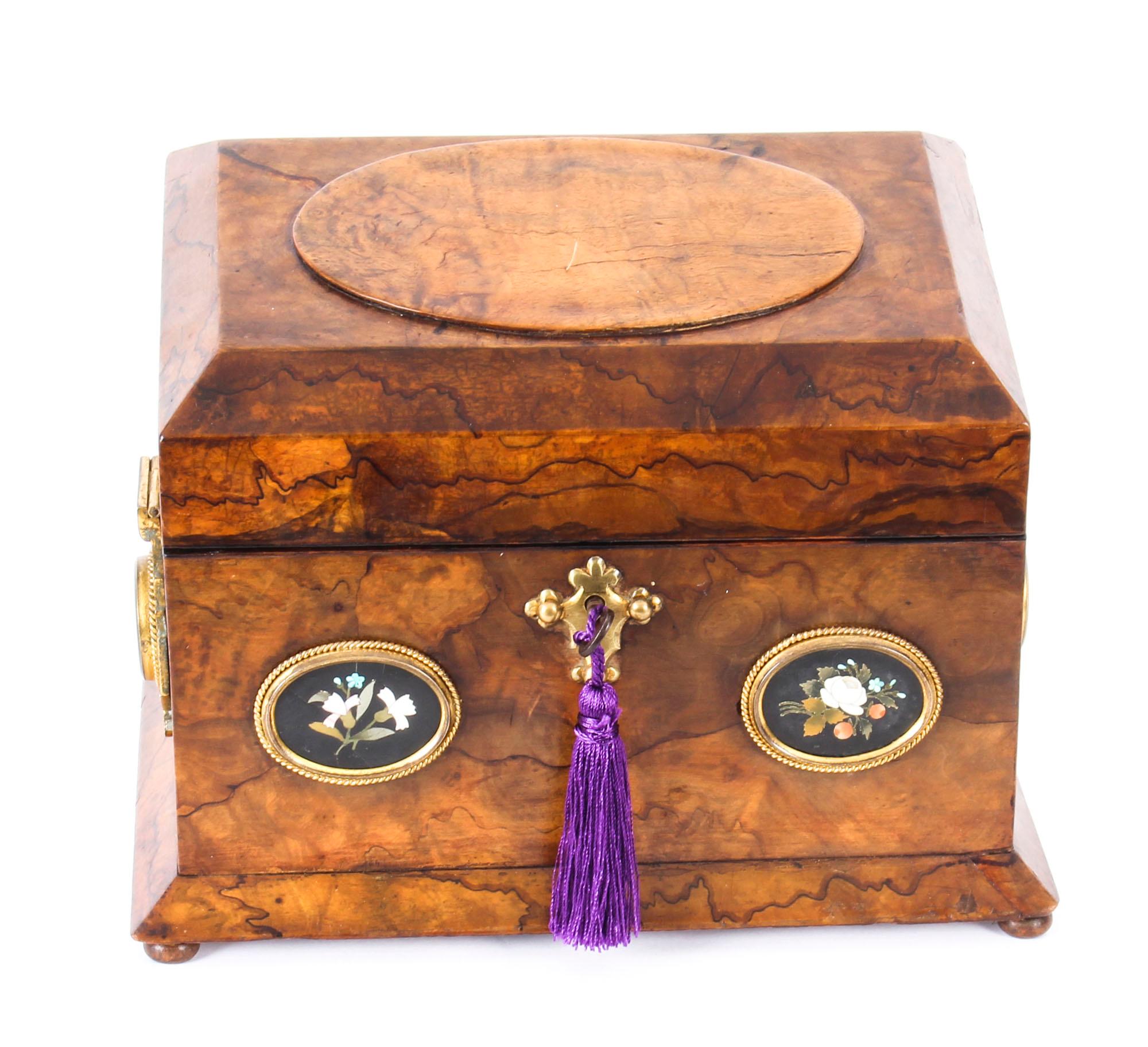 This is a wonderful antique Victorian burr walnut and Pietra Dura stationery casket, circa 1860 in date. 

This stunning high-quality casket is rectangular in shape and is made with the finest burr walnut that has splendid figuring. It has two