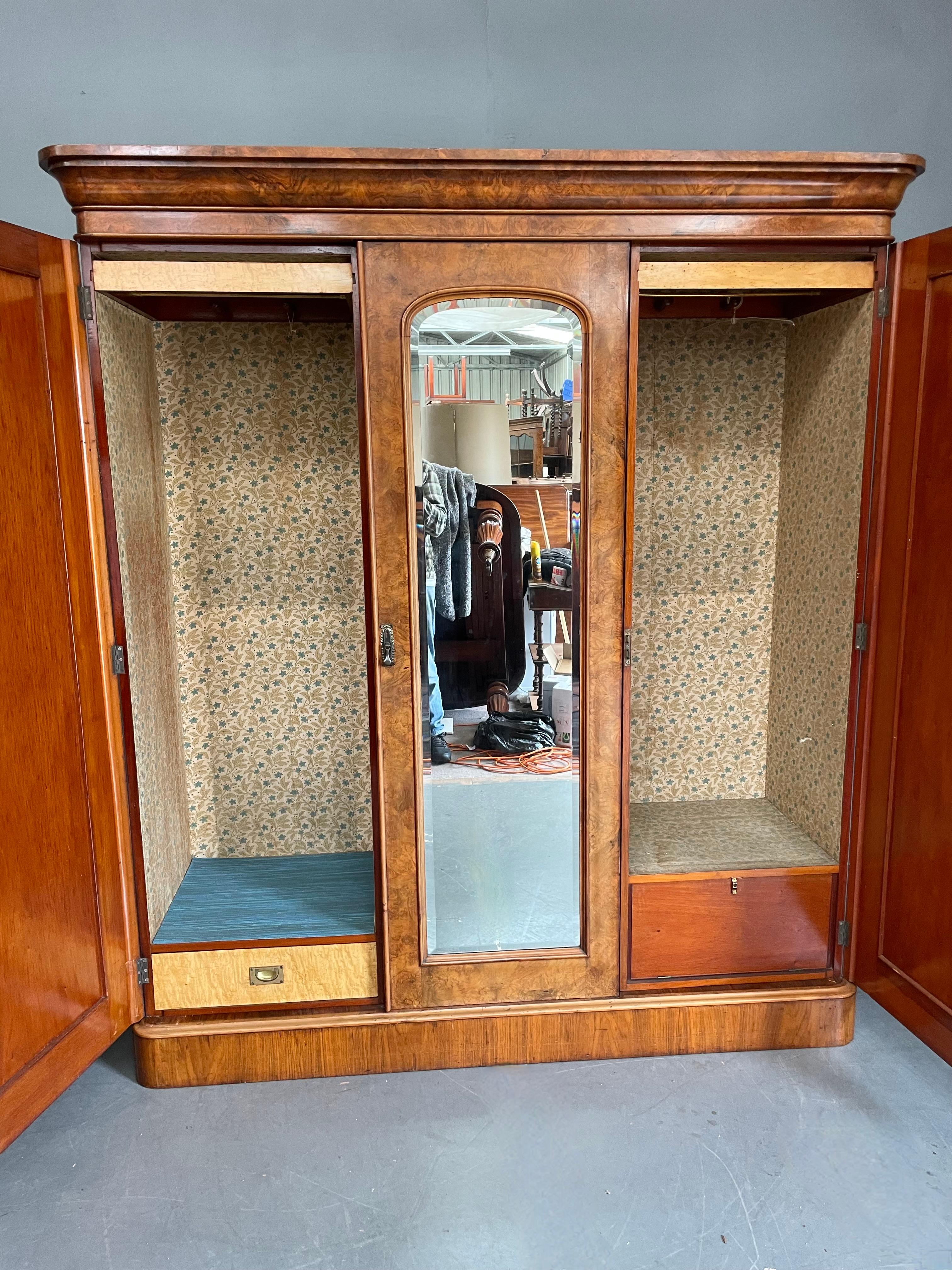 English 19th century Victorian burr walnut triple Armoire wardrobe  For Sale