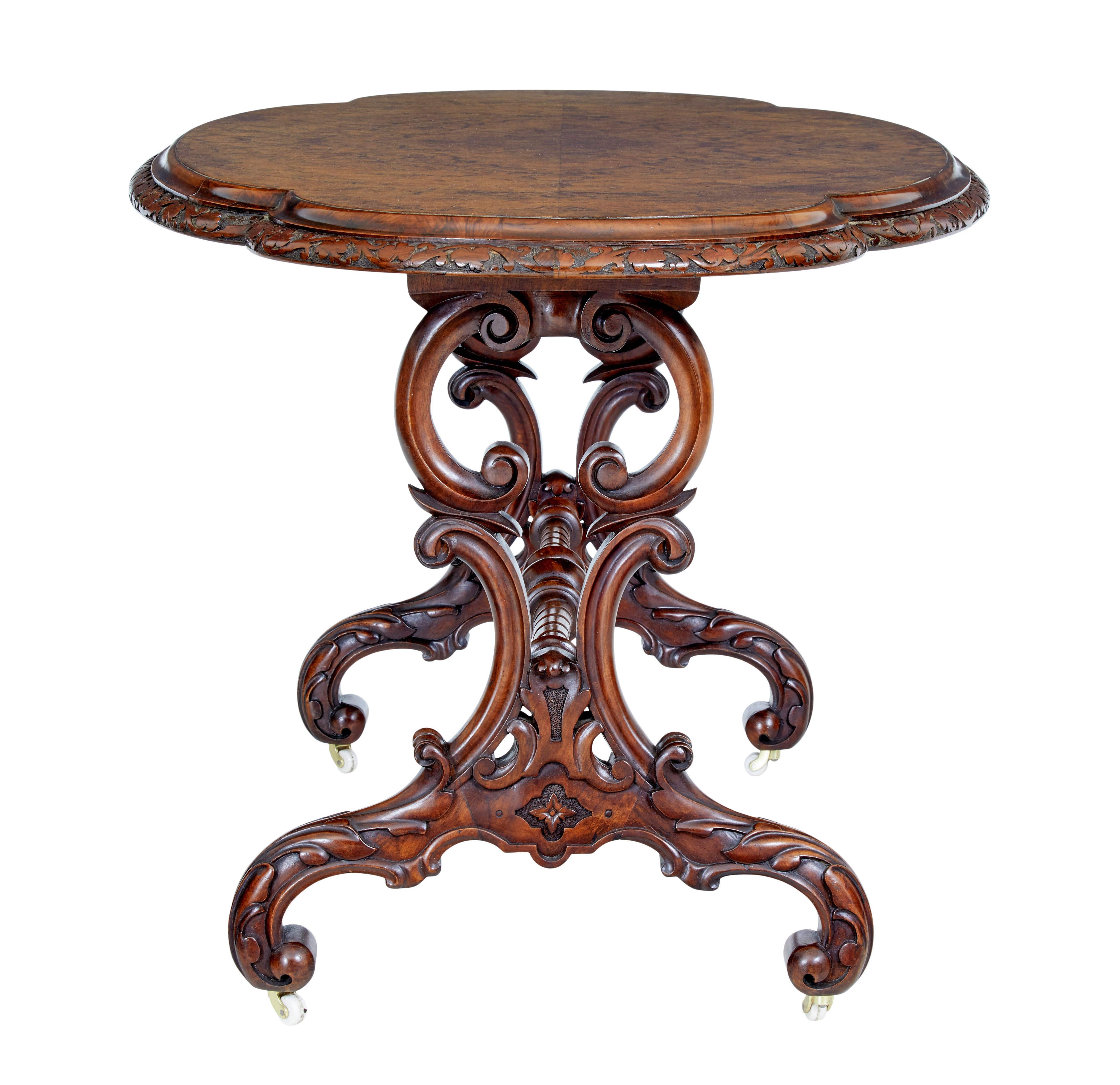 High Victorian 19th Century Victorian Carved Burr Walnut Side Table For Sale